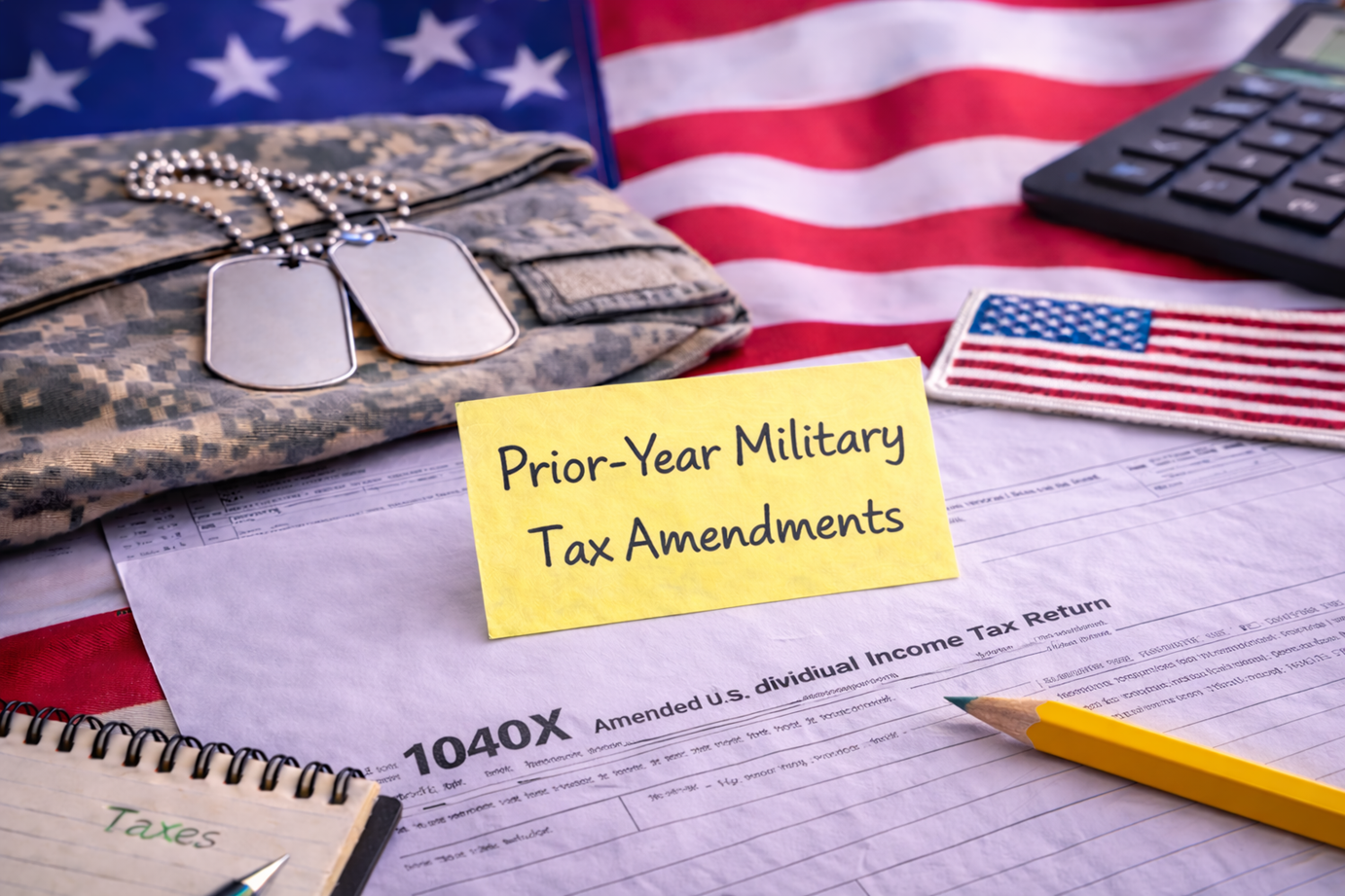 A desk with a military camouflage notebook, dog tags, a yellow note reading 'Prior-Year Military Tax Amendments,' a U.S. tax form, a small American flag patch, and a yellow pencil, with an American flag in the background.