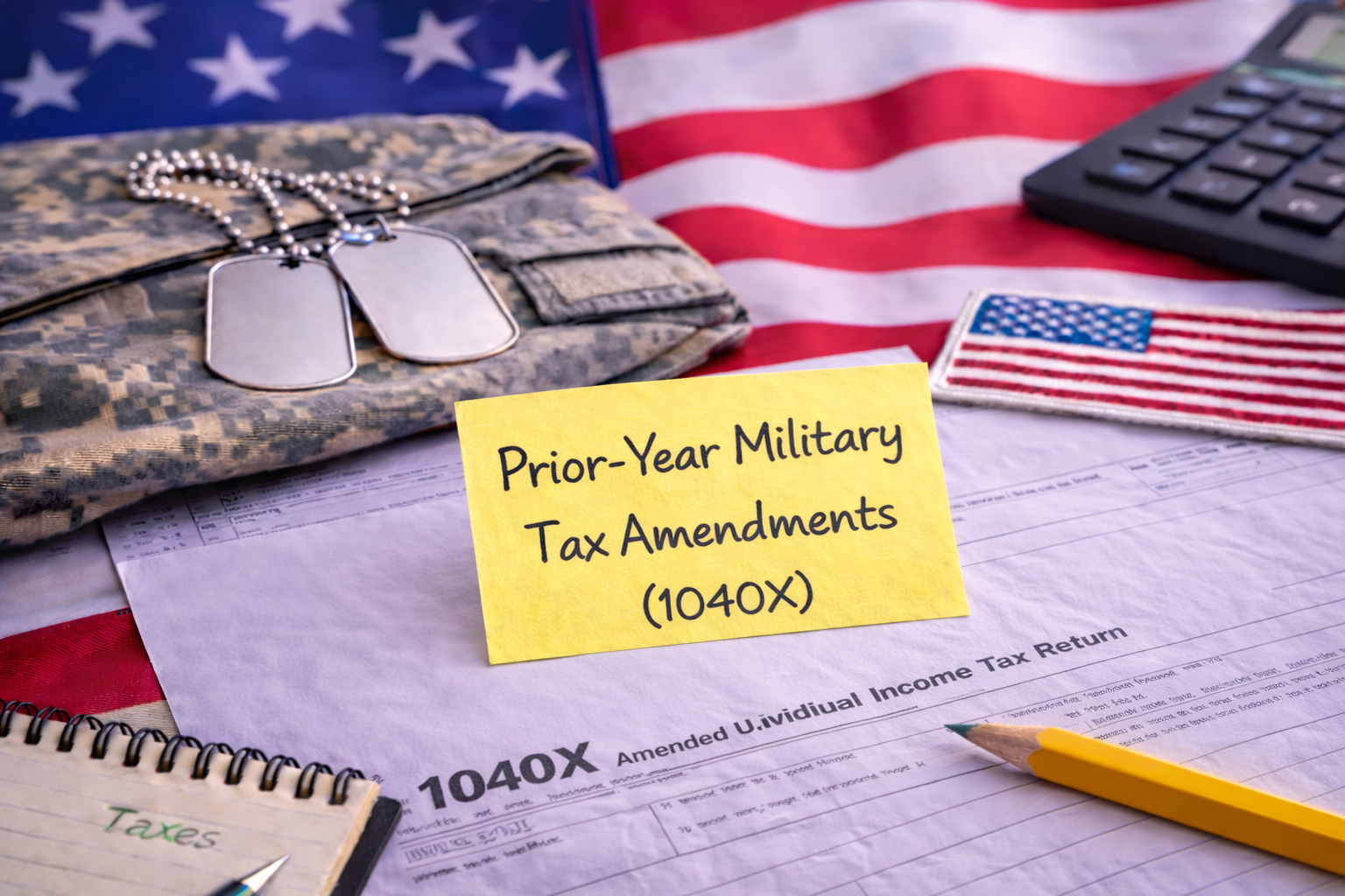 A desk scene with a US flag, a military camouflage pack, dog tags, a small American flag patch, a calculator, a yellow note reading 'Prior-Year Military Tax Amendments (1040X)', and a tax form. There is also a small notebook labeled 'Taxes' and a yellow pencil.
