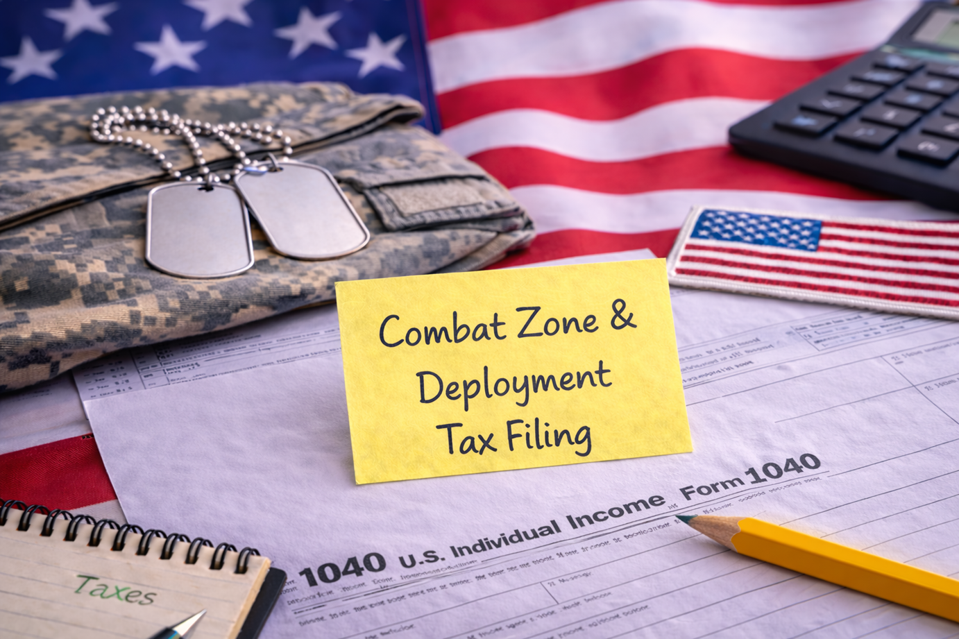 Military camouflage shirt with dog tags, American flag and a patriotic patch on a table with tax documents, a yellow sticky note reading 'Combat Zone & Deployment Tax Filing', a calculator, and a pencil.