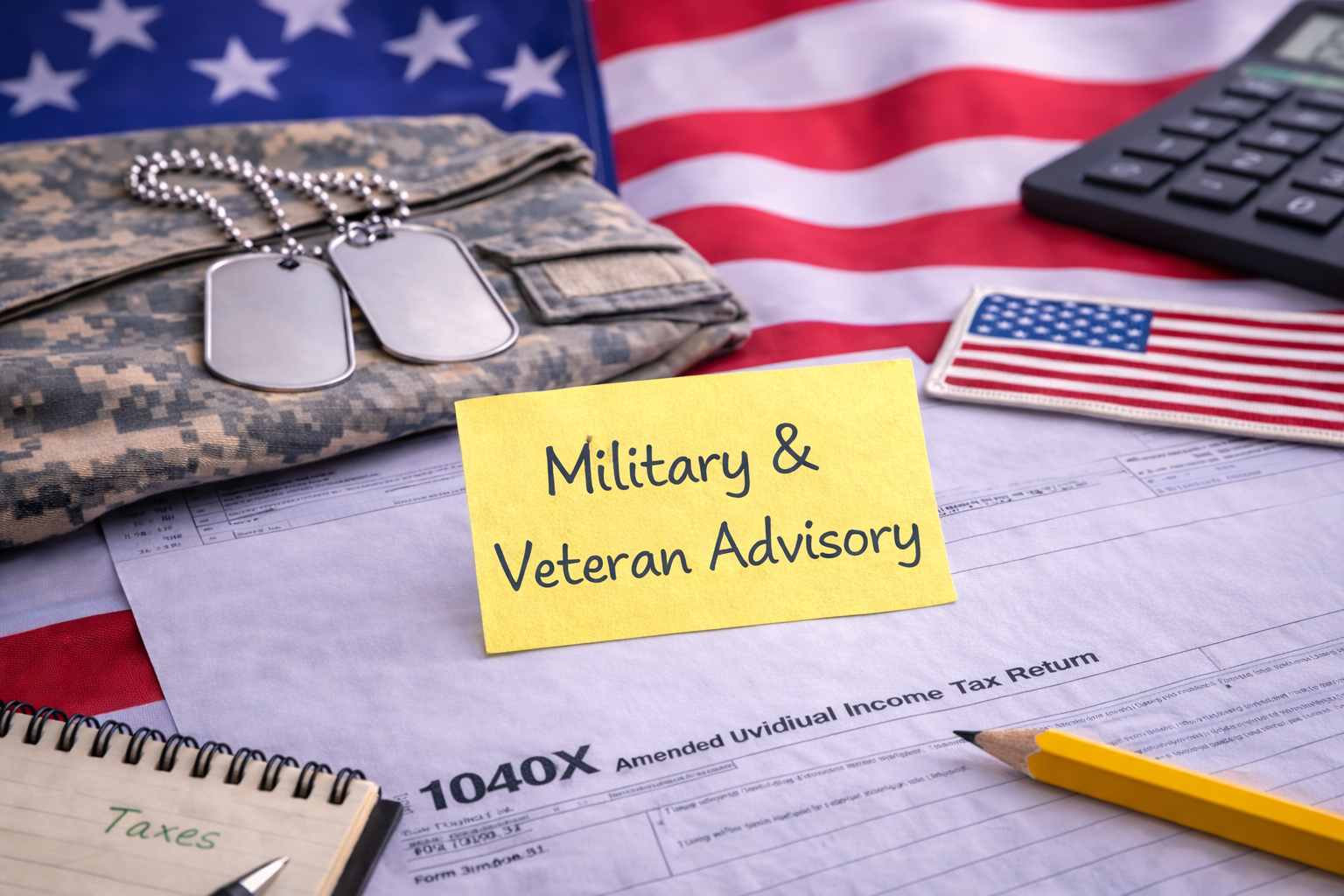 Military dog tags, American flag, tax forms, small American flag patch, notebook with 'Taxes' written on it, a pencil, and a label stating 'Military & Veteran Advisory' on a desk.