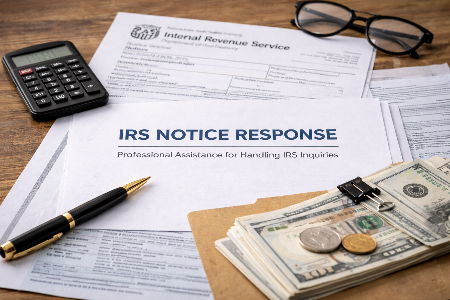 Financial documents, including an IRS notice response form, a calculator, pens, glasses, and cash on a wooden desk.