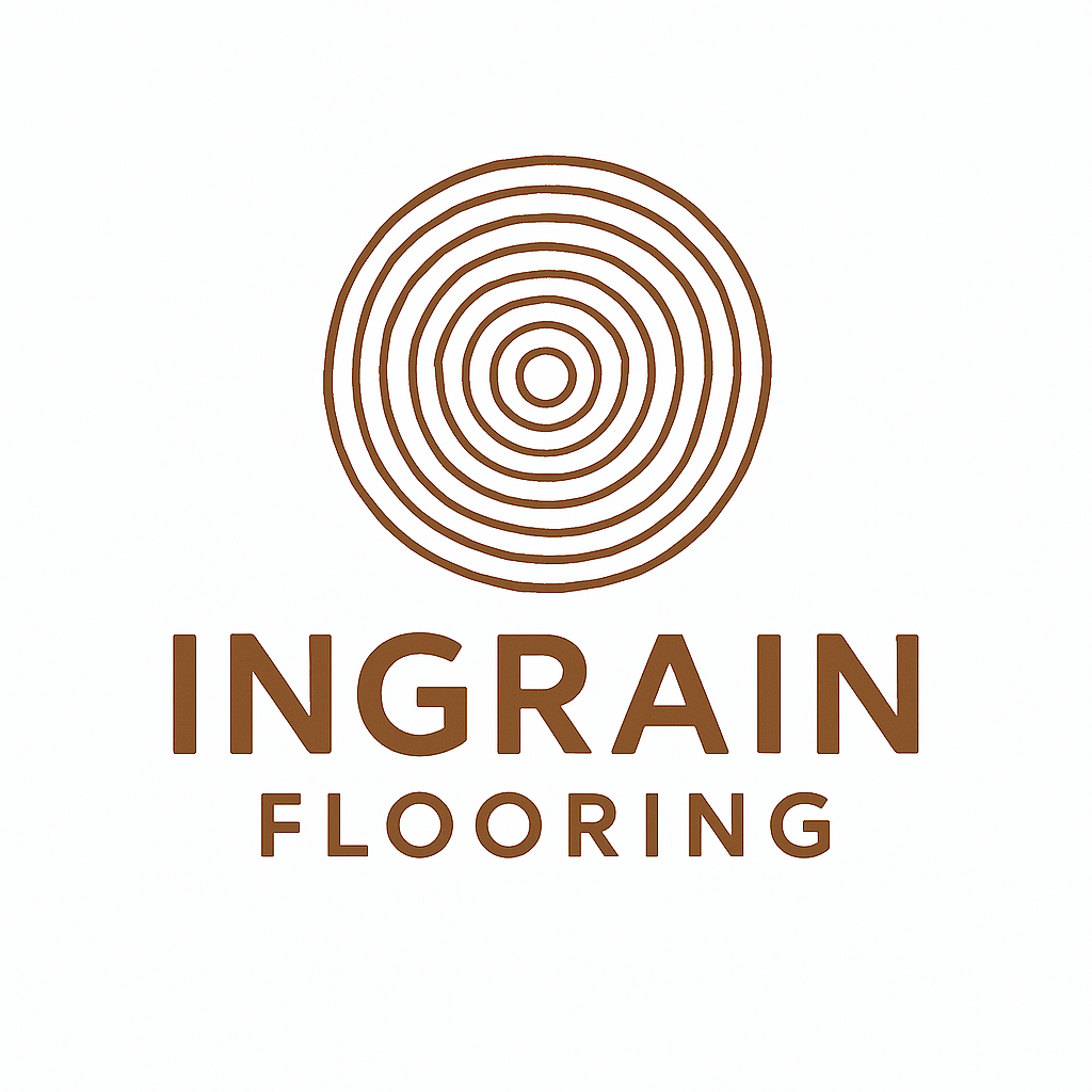 Logo for Ingrain Flooring featuring a stylized cross-section of a tree ring in brown above the company name in brown text.
