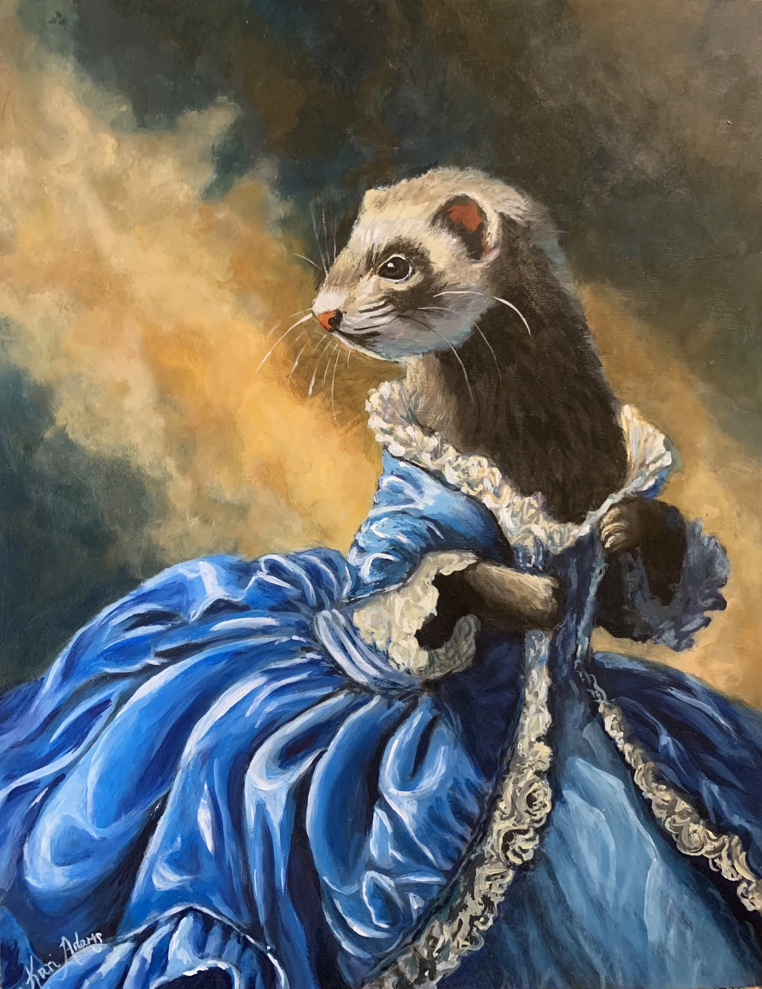 A painting of a ferret dressed in an elegant blue Victorian dress with lace trim, set against a warm, abstract background.