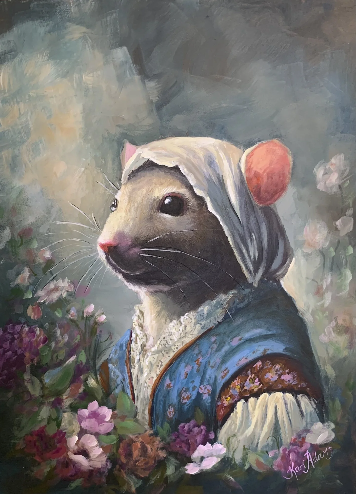 A painting of a mouse dressed in historical clothing, wearing a bonnet, and surrounded by flowers.