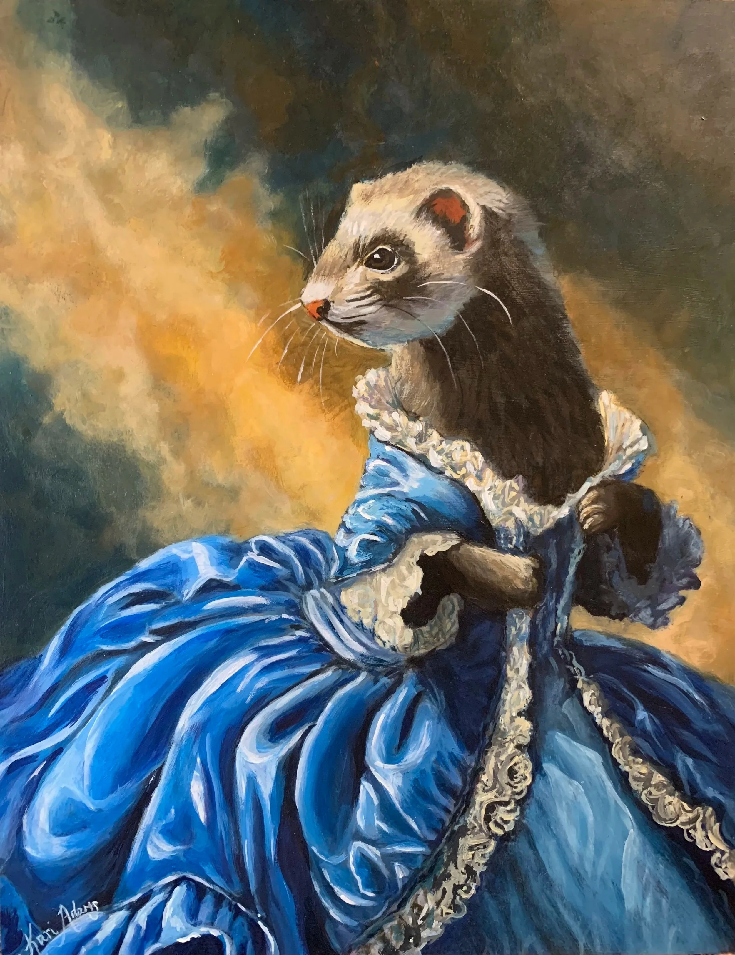 Painting of a ferret with a human-like face, dressed in a blue Victorian-style dress with lace and ruffles, sitting against a colorful, cloudy background.