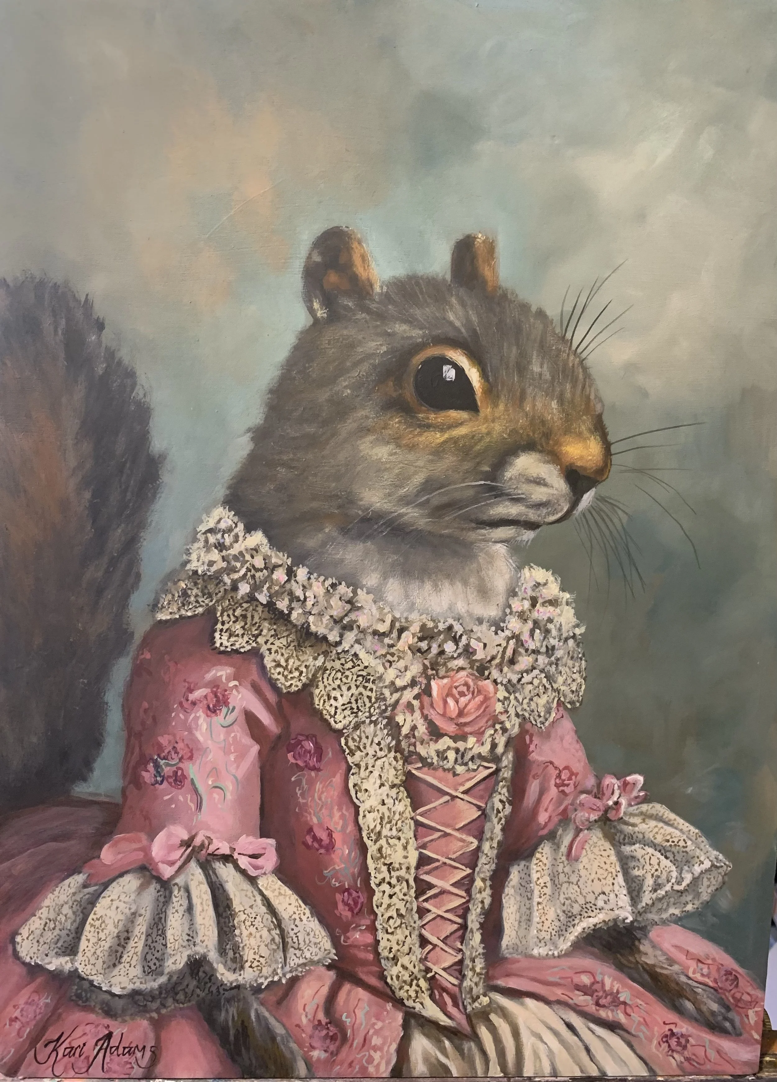 A painting of a squirrel dressed in 18th-century fashion, wearing a pink dress with embroidered flowers, lace details, and a large lace collar, with a cloudy background.