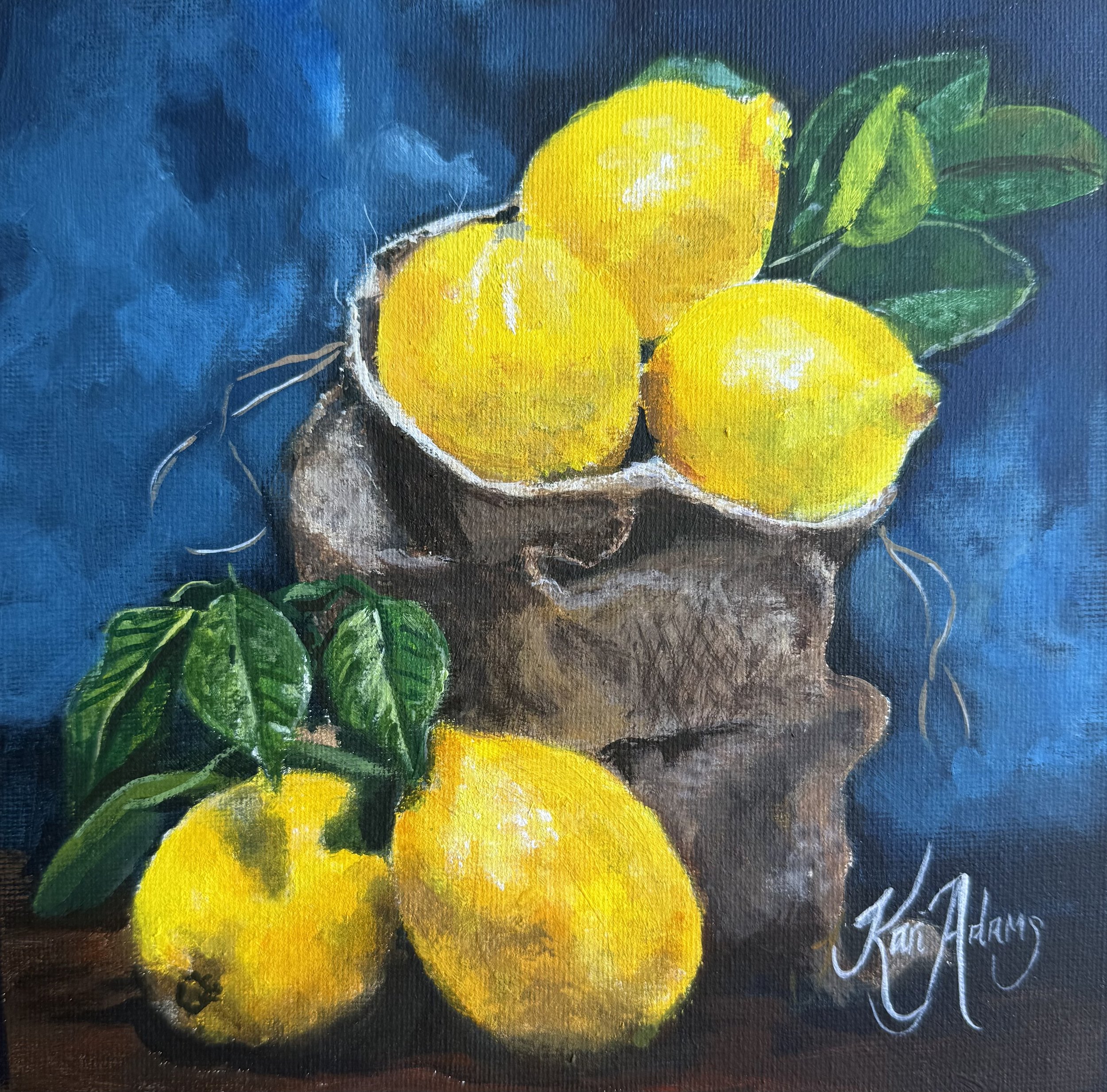Painting of a bowl of bright yellow lemons with green leaves on a dark blue background.