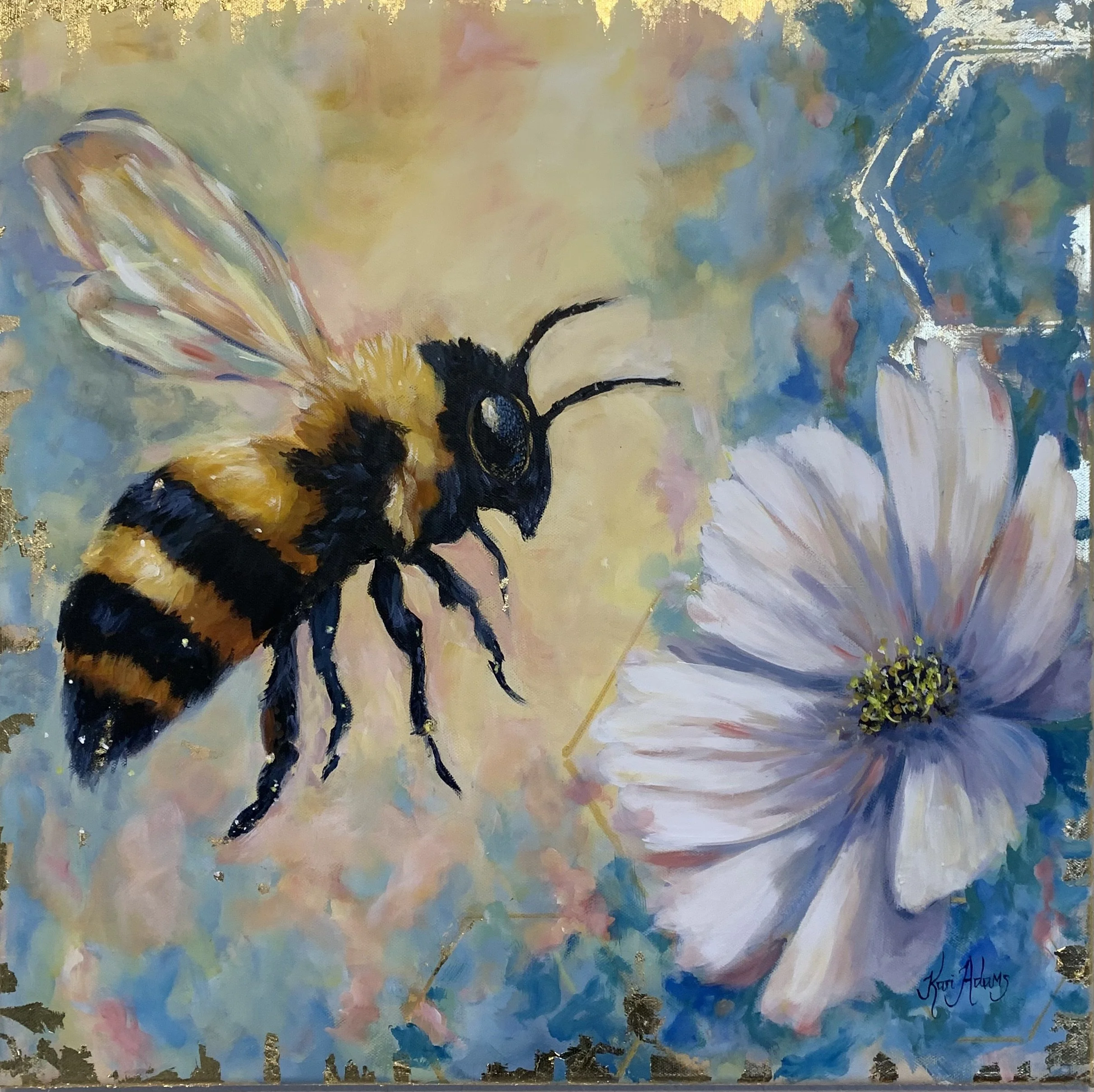 A realistic painting of a bee near a white flower with a colorful, abstract background.