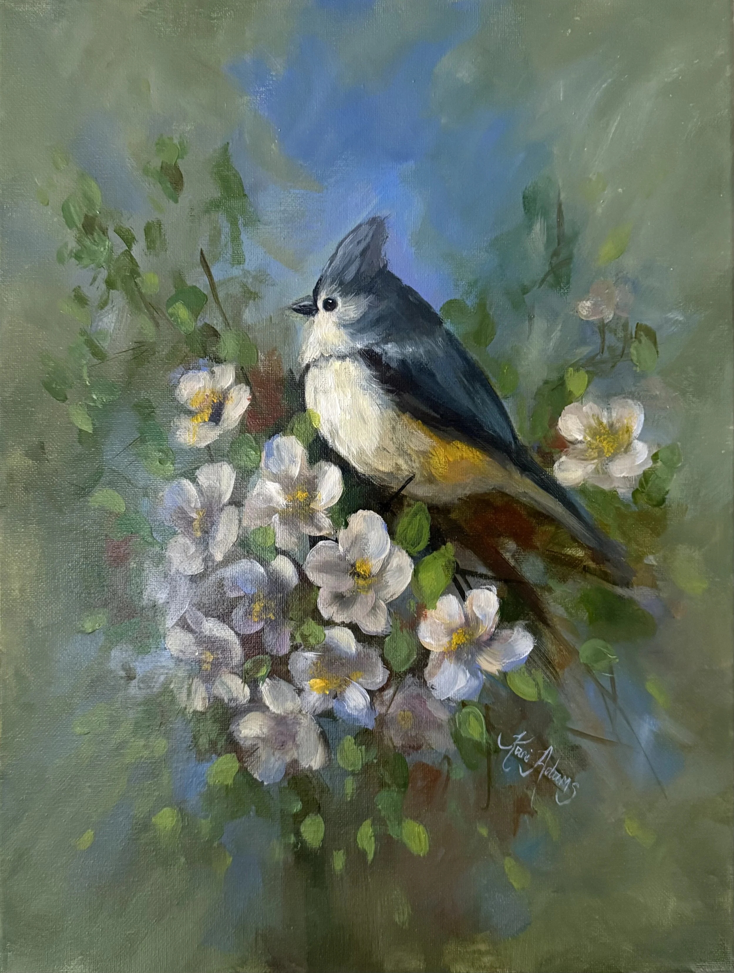 A painting of a small bird with a crest, perched on a branch surrounded by white blossoms and green foliage, with a softly blurred background.