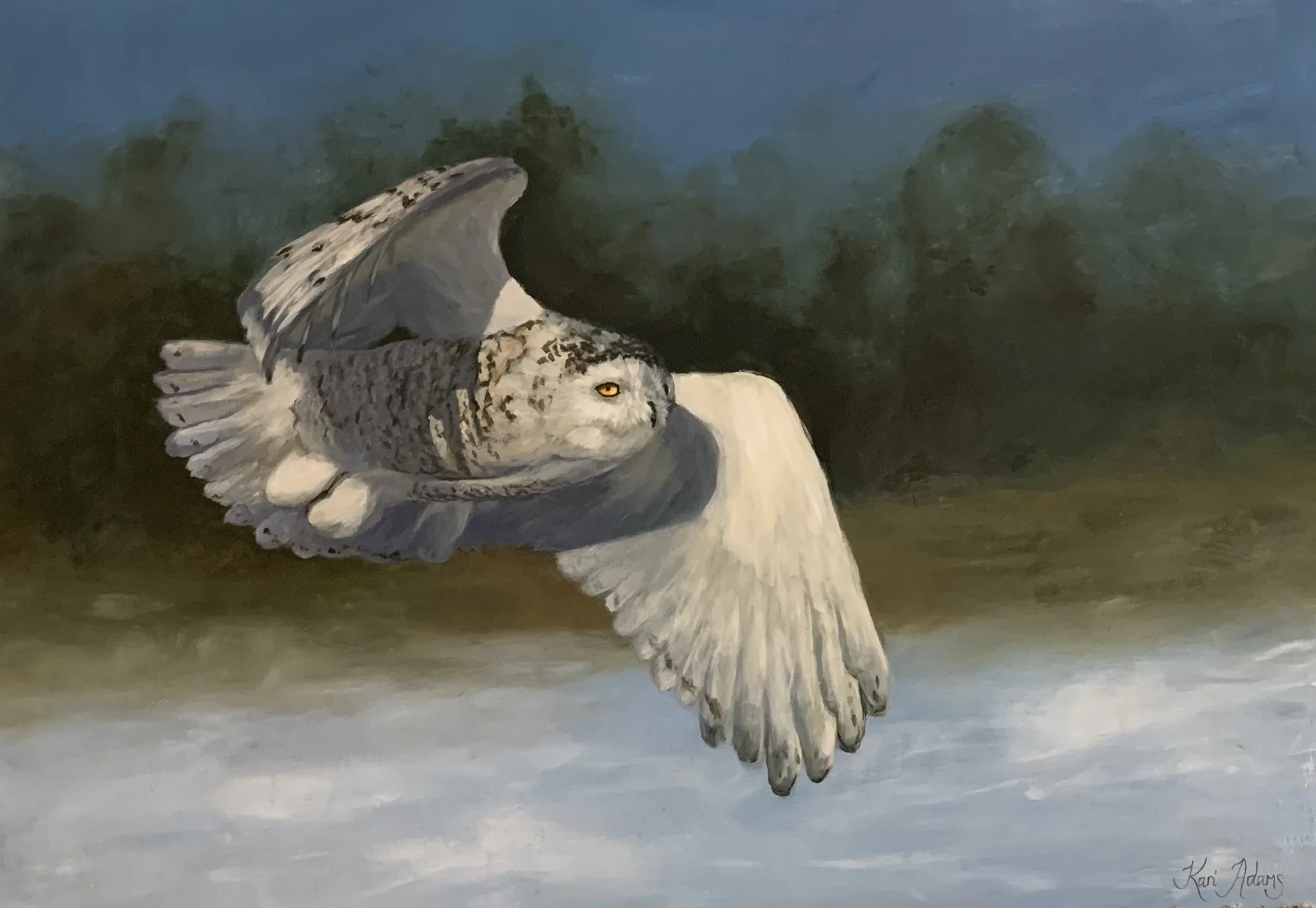 Painting of an owl in flight with its wings spread, set against a dark background.