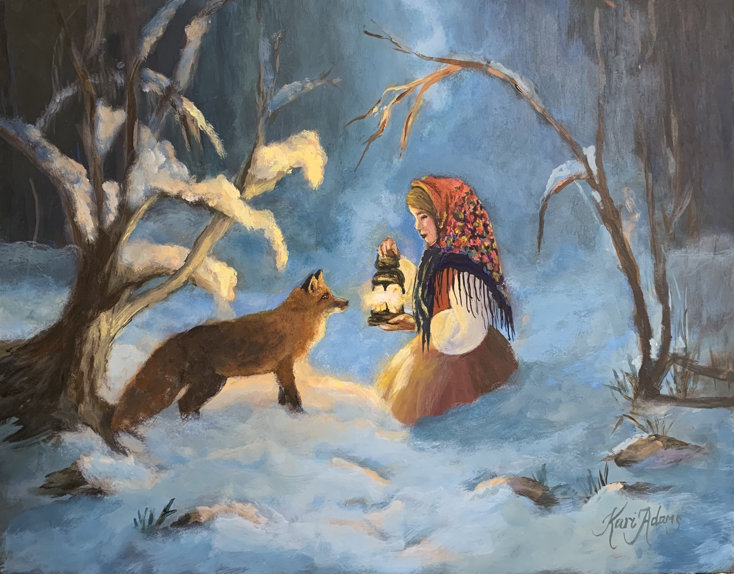 A woman dressed in traditional winter clothing kneels in a snowy landscape, holding a lantern. A fox stands nearby, and snow-covered trees surround the scene, with a peaceful, blue-toned sky in the background.