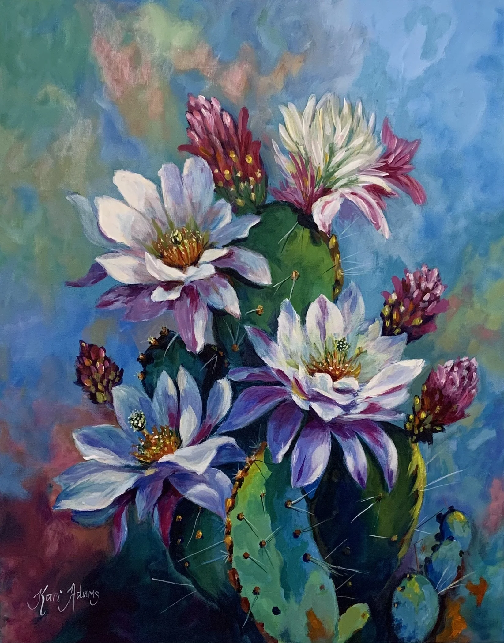 Painting of a cactus with white, purple, and pink flowers against a multicolored background.