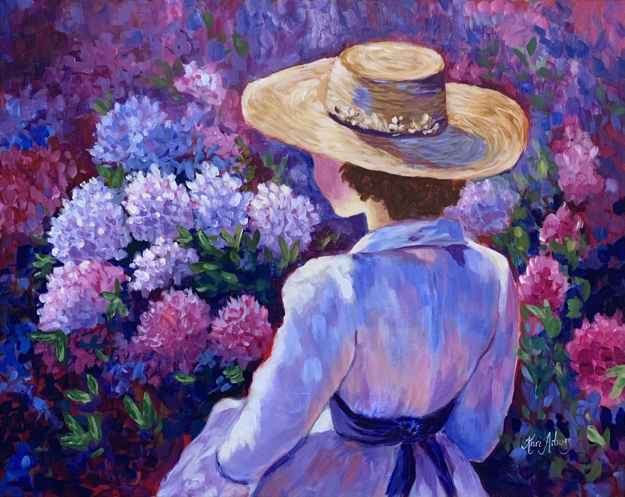 A woman in a white dress with a purple sash, wearing a wide-brimmed straw hat, stands amidst a garden of pink and purple hydrangeas, with her back to the viewer.