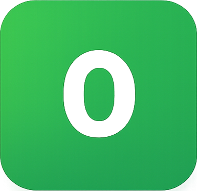 Green square with rounded edges and a black number zero in the center.