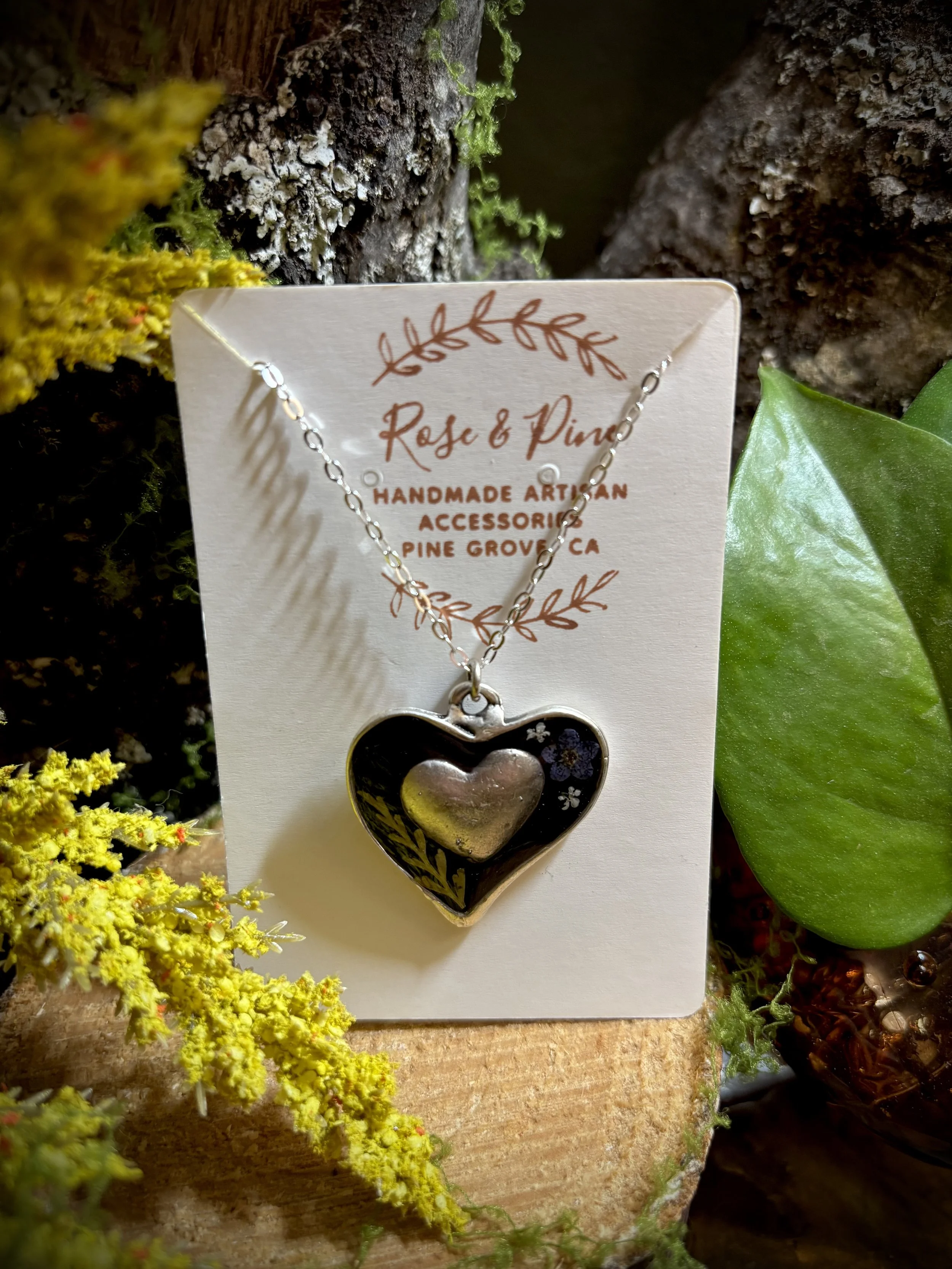 Sterling Silver Heart Necklace with Pressed Flowers- ("Forget me not")