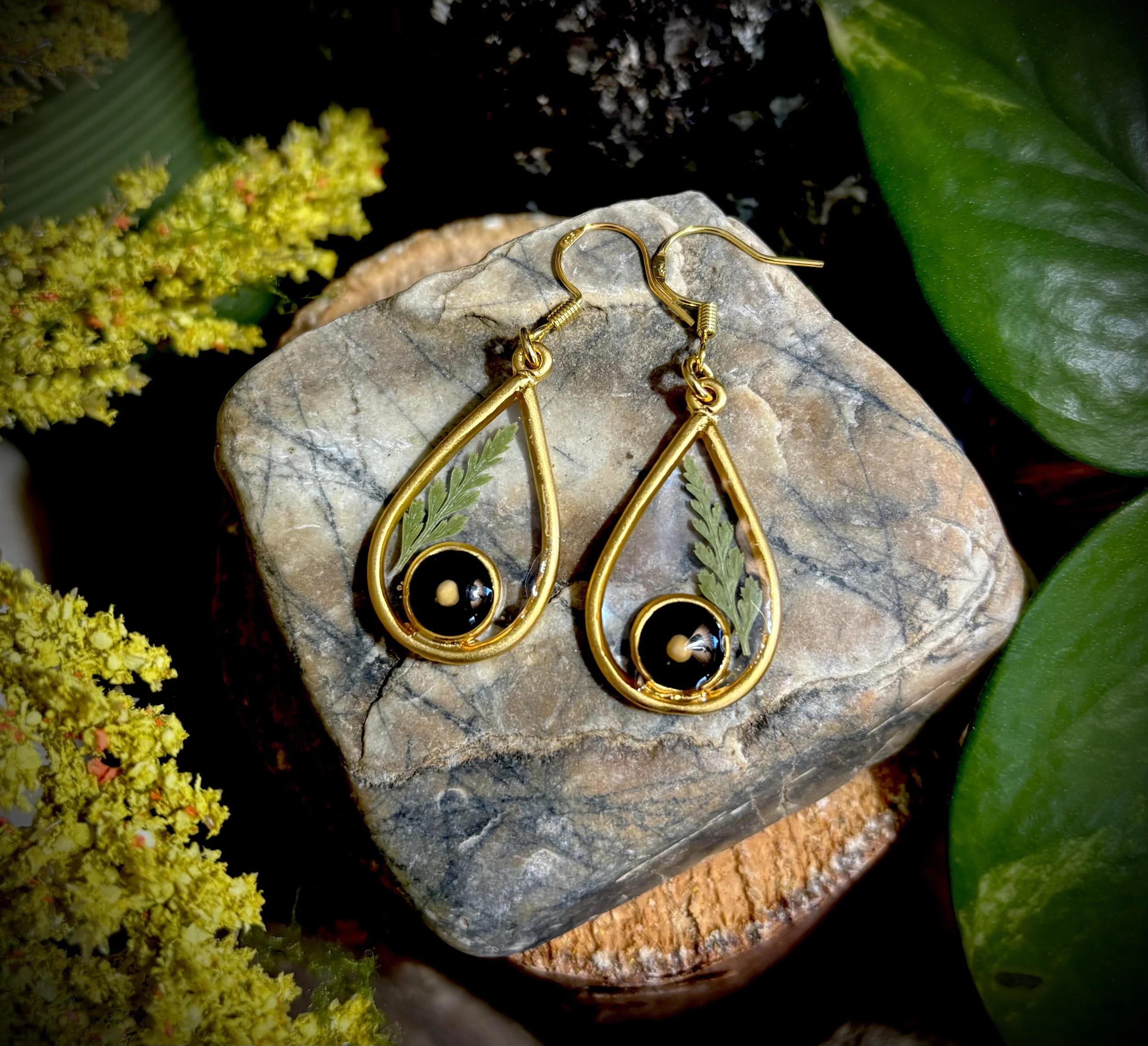 Gold tear drop Mustard Seed Earrings- Fern