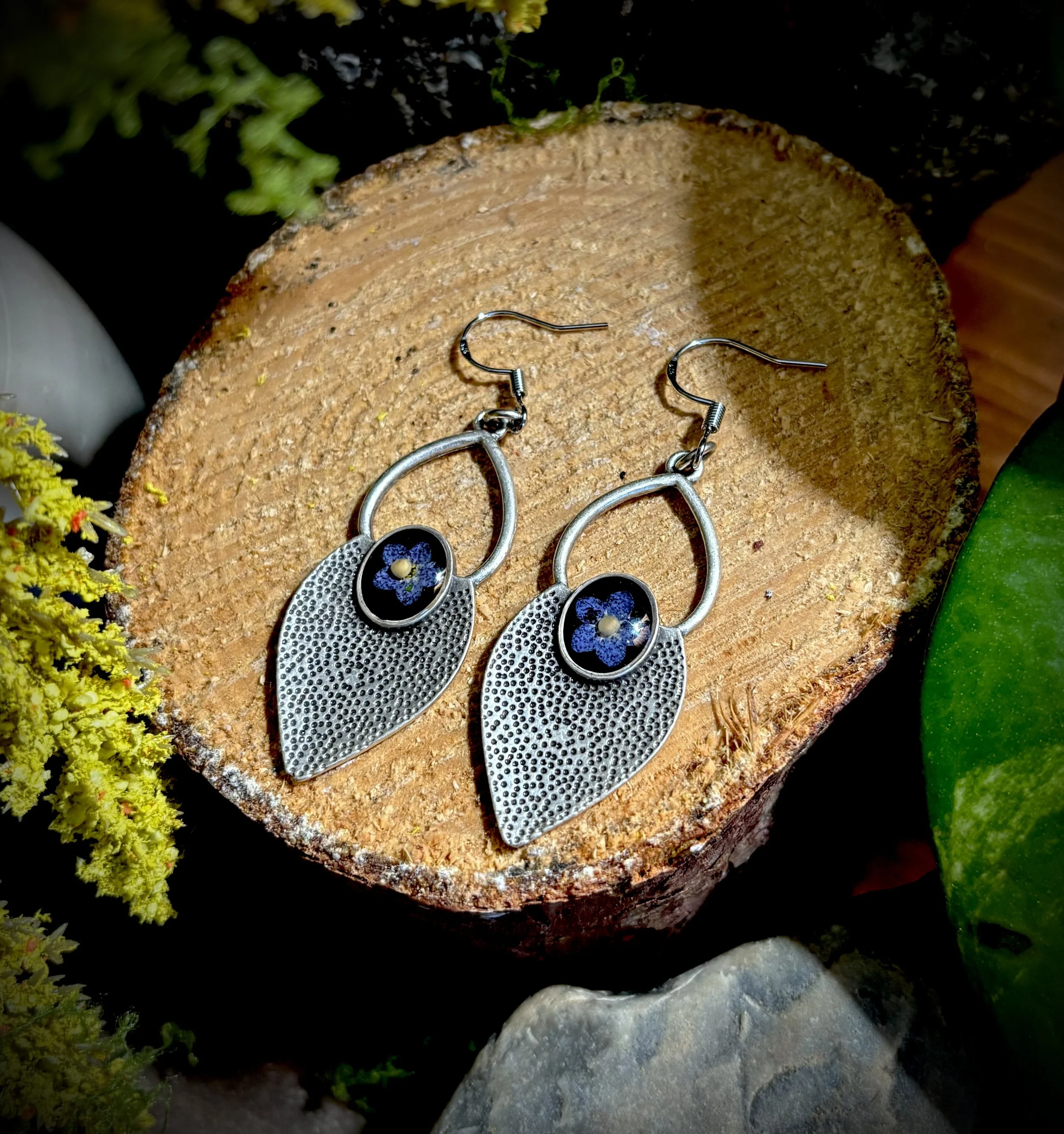 Mustard seed & "Forget me not" Silver Leaf Earrings