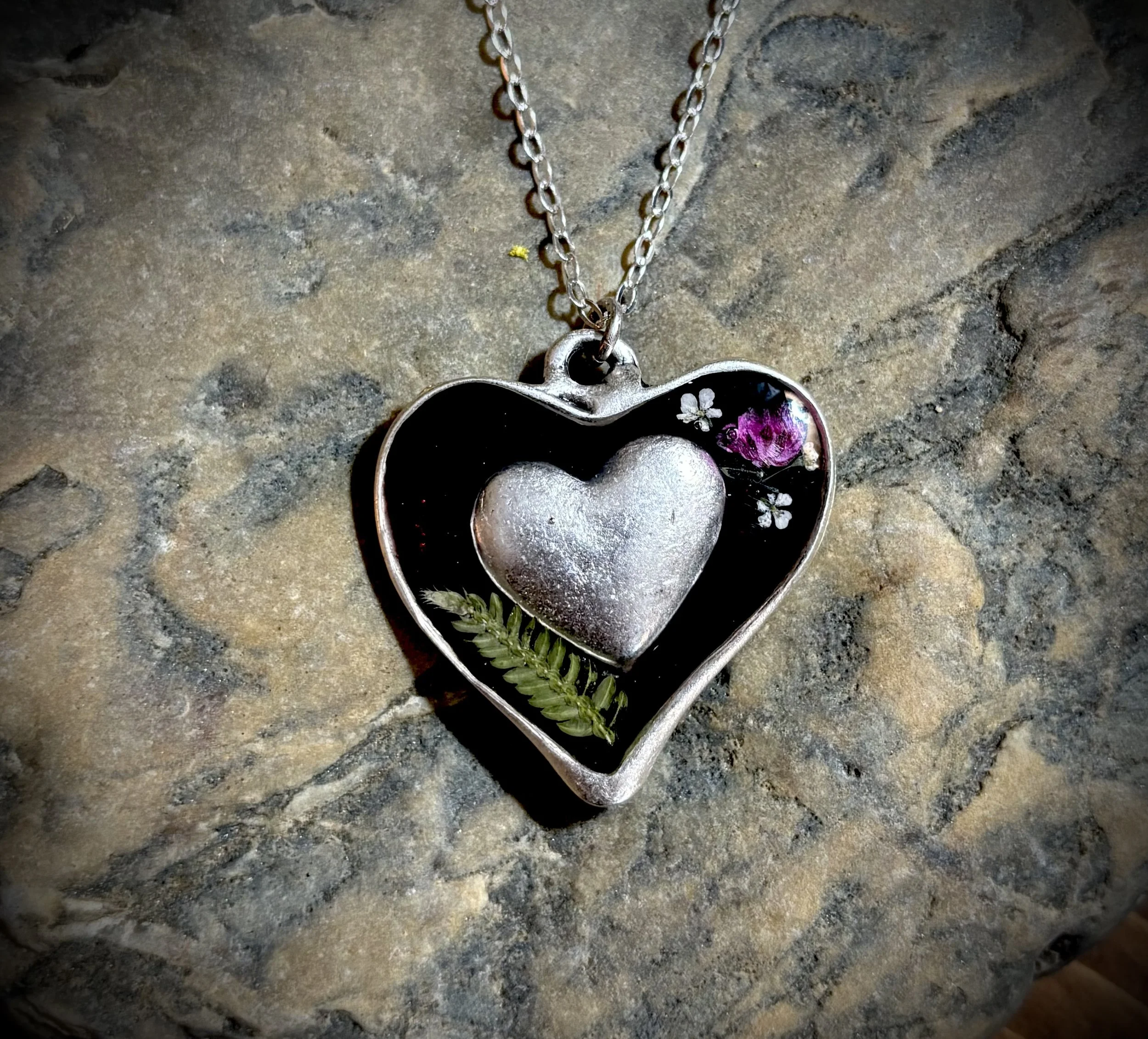 Sterling Silver Heart Necklace with Pressed Flowers- (pink)