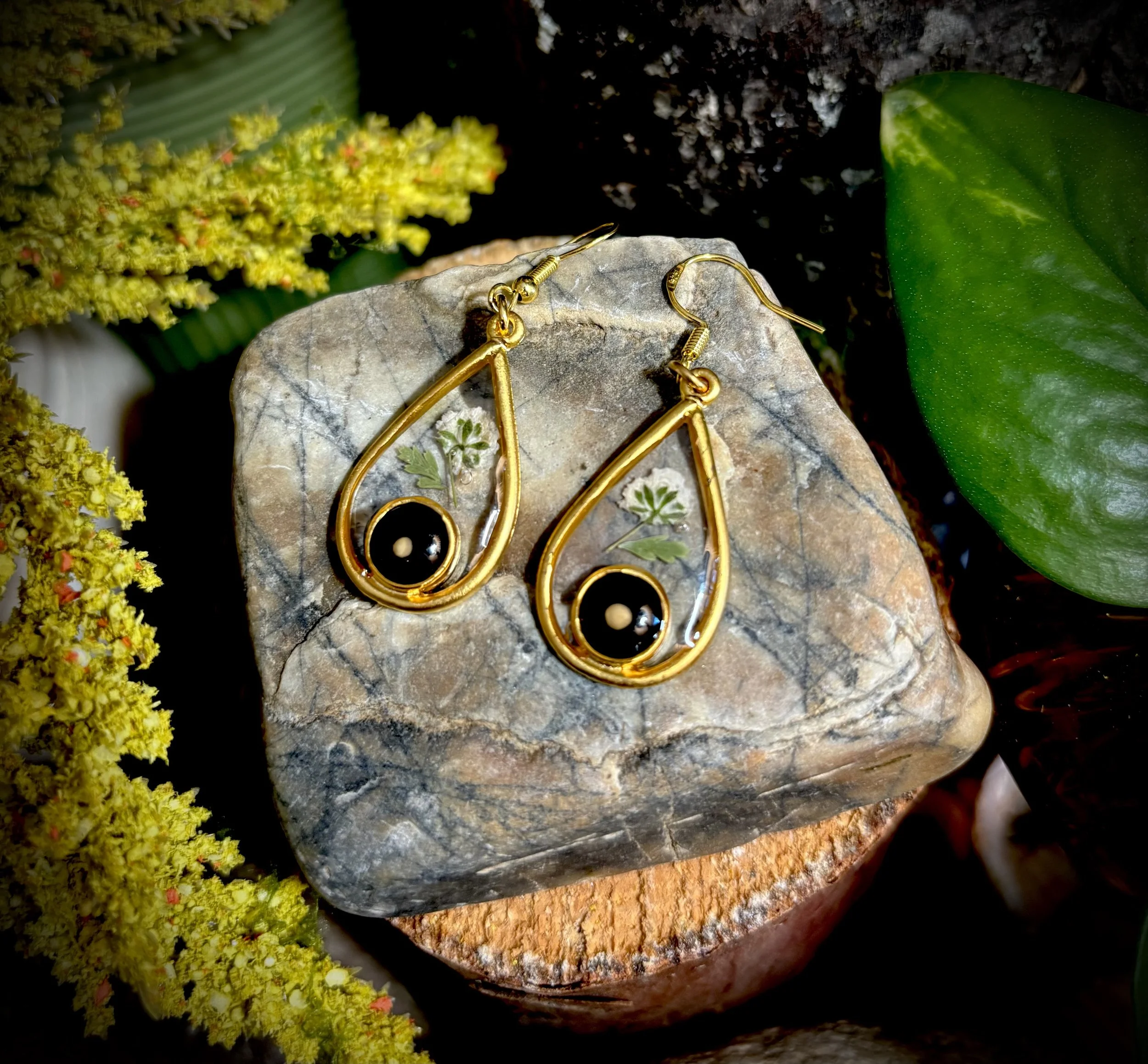 Gold tear drop Mustard Seed Earrings- White Flowers