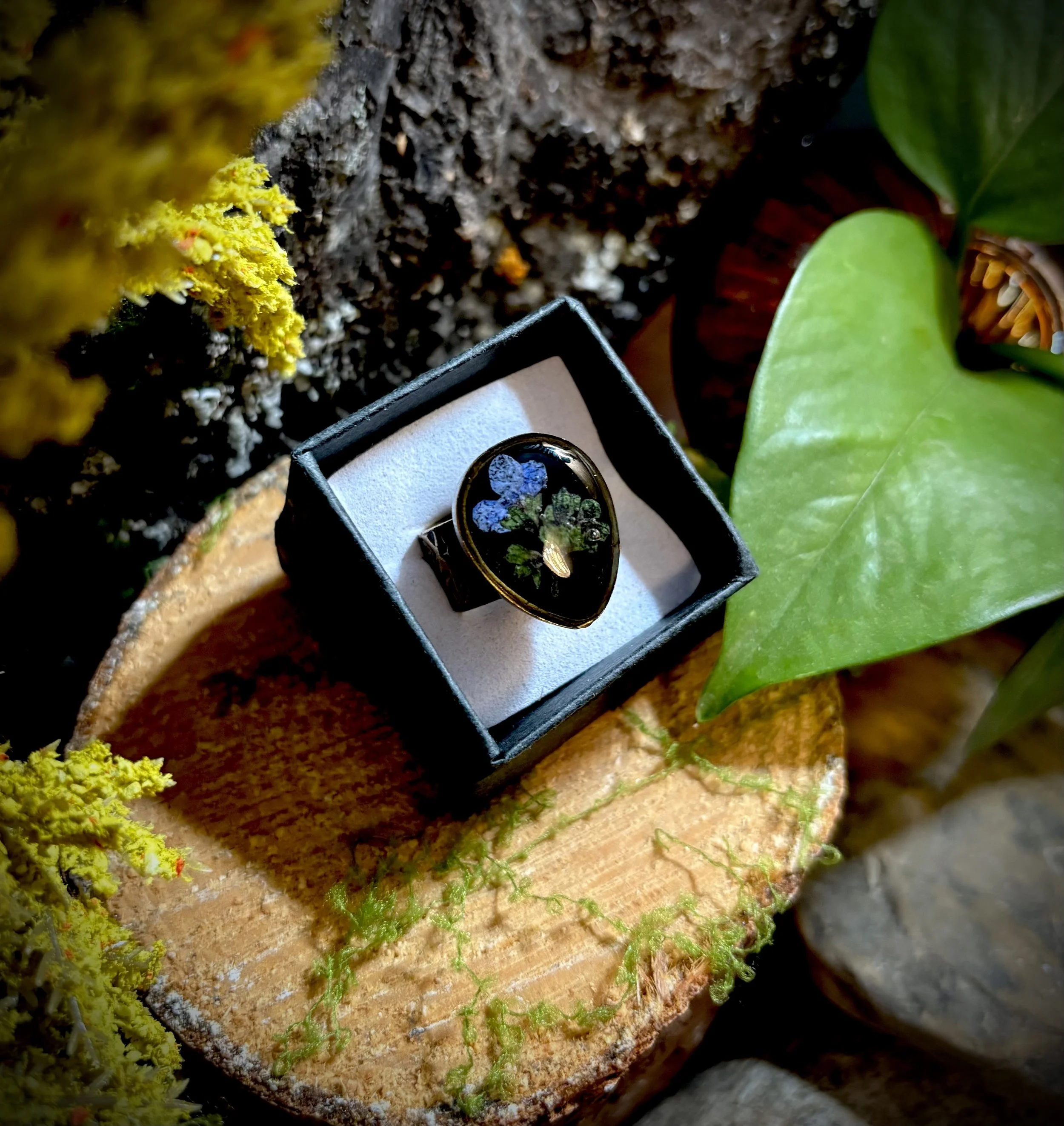 Large Antique Gold Tear Drop Ring- Blue Flower