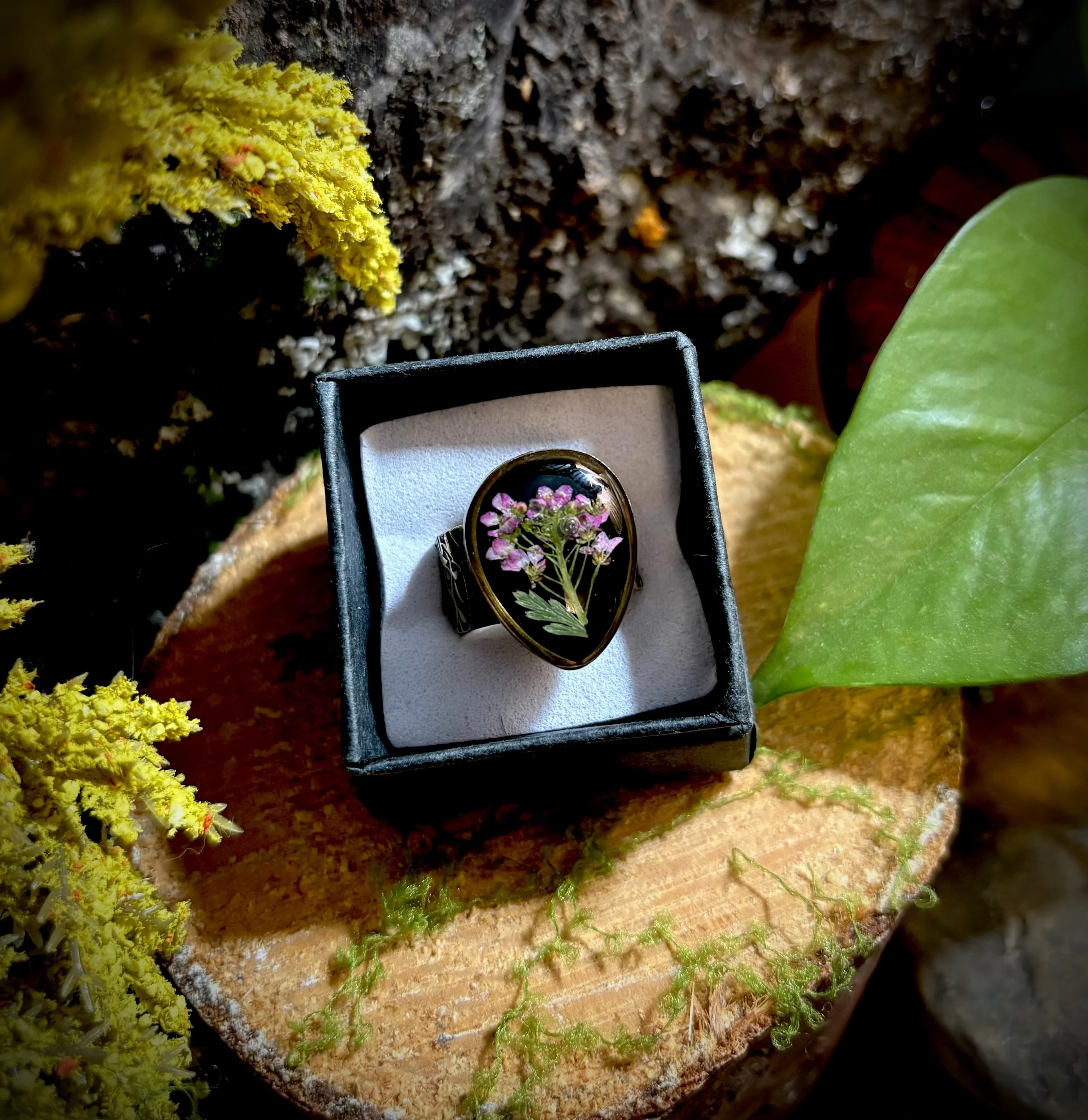 Large Antique Gold Tear Drop Ring- Pink Flowers