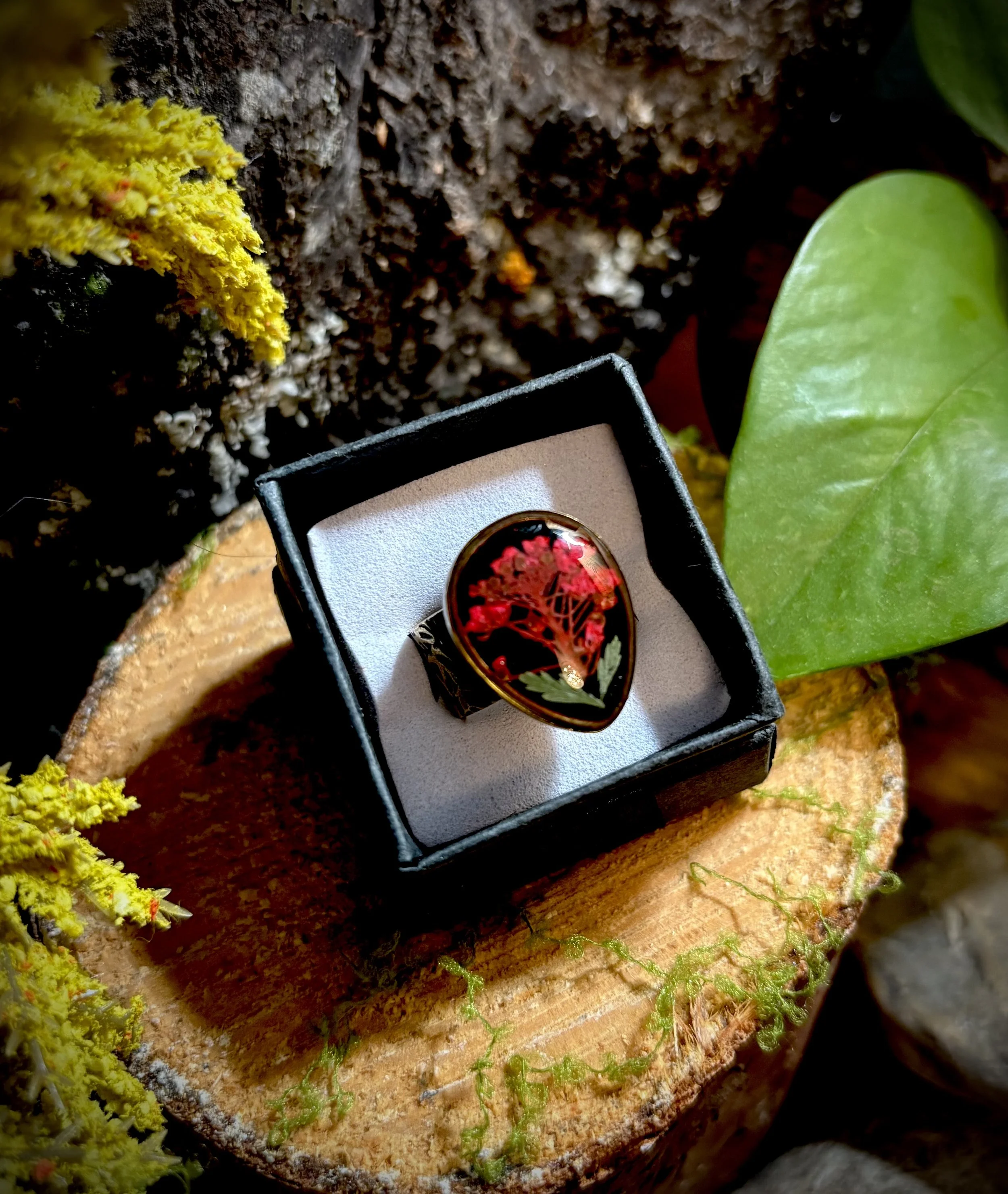 Large Antique Gold Tear Drop Ring- Red Flowers