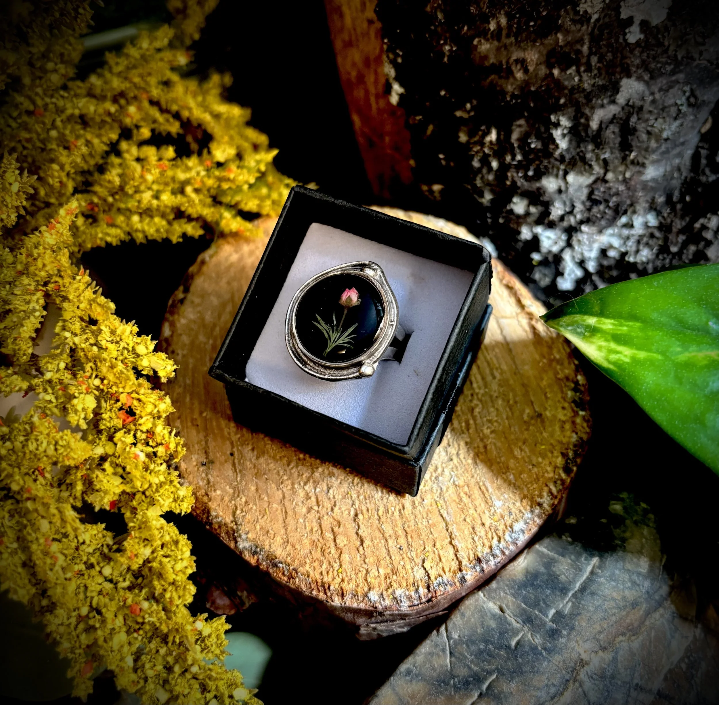 Large Circular Antique Silver Ring- Pink Flower