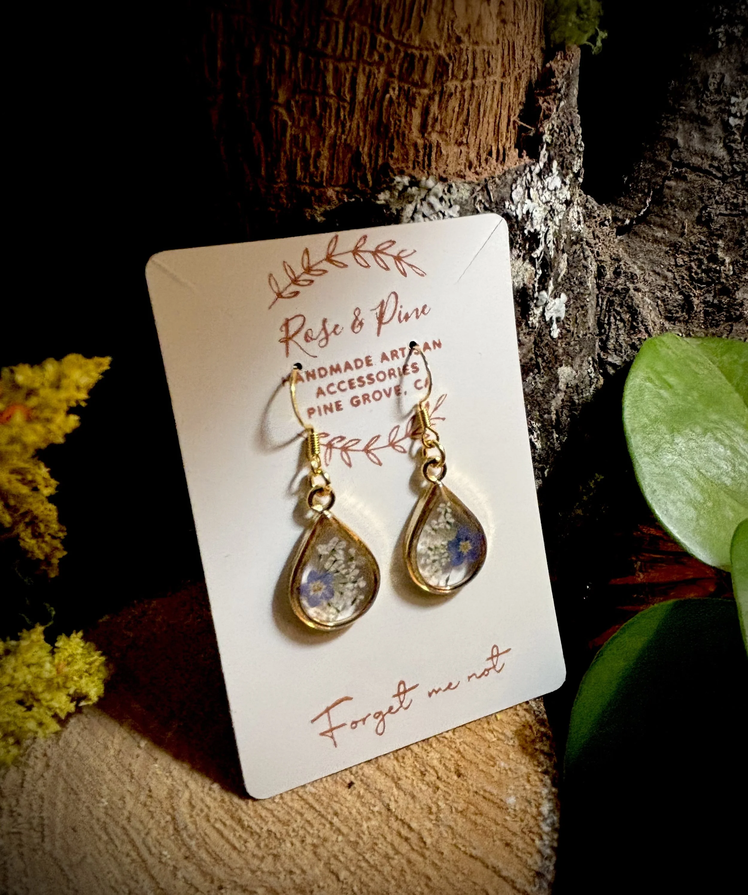 Gold Tear Drop "Forget me not" and White Lace flower Earrings