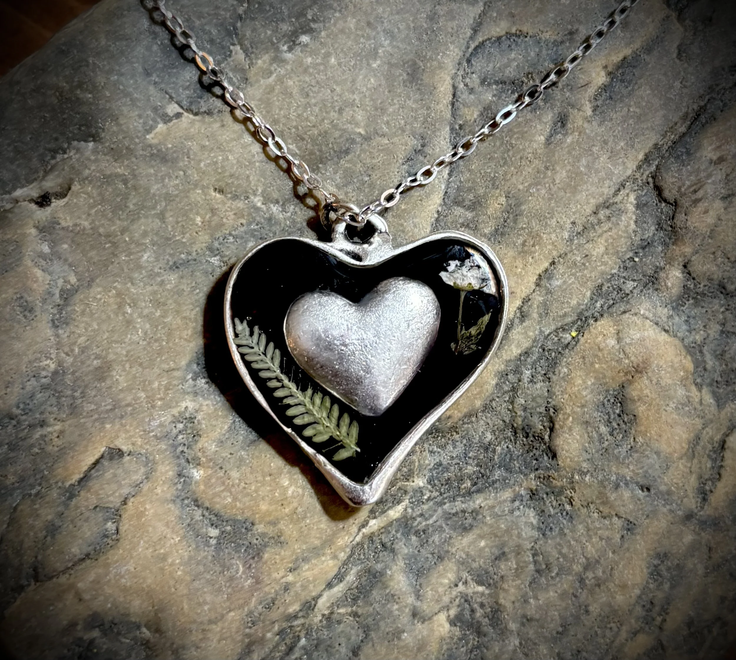 Sterling Silver Heart Necklace with Pressed Flowers- (white)