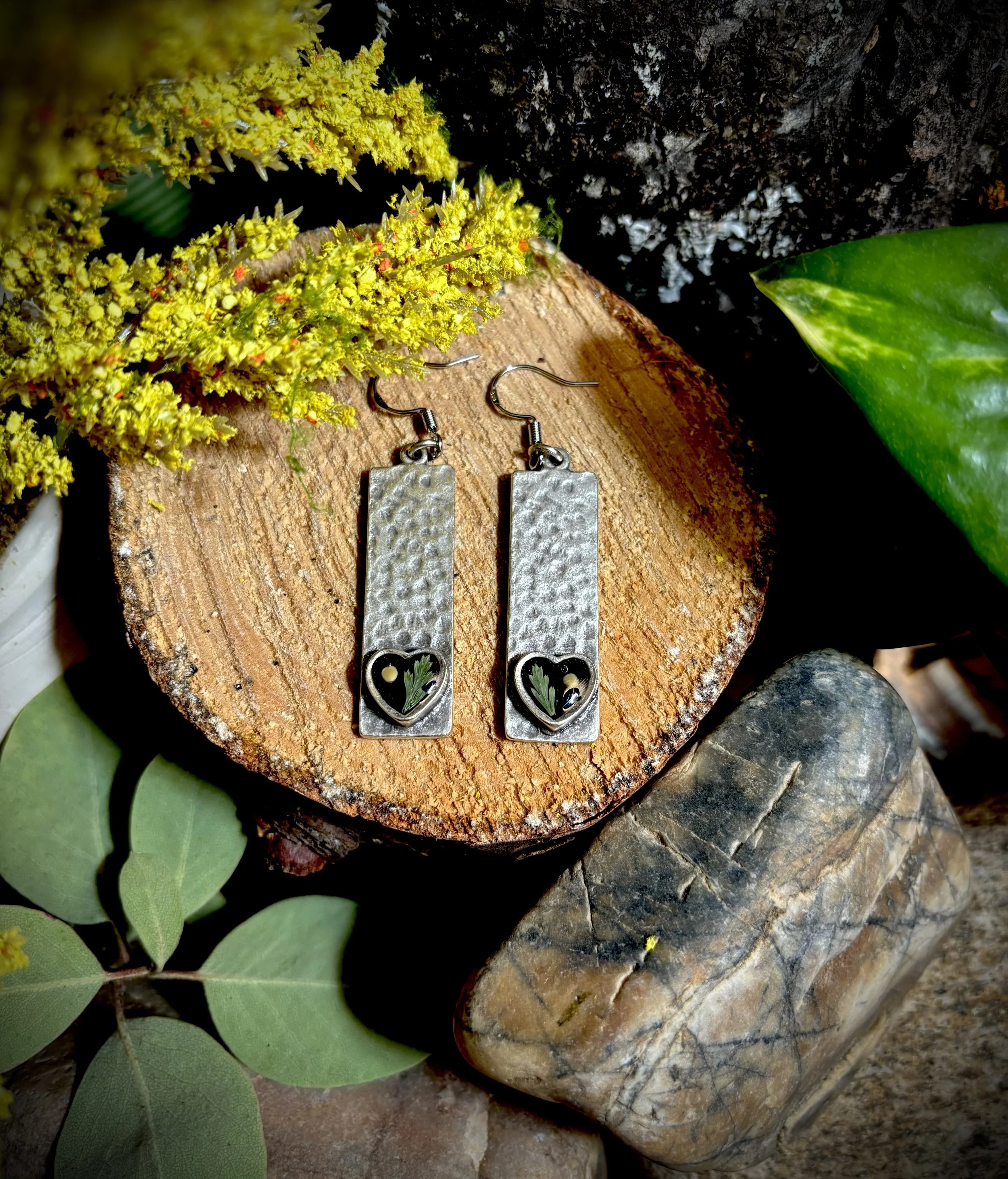 Hammered Antique Earrings w/ heart and mustard seed- Fern