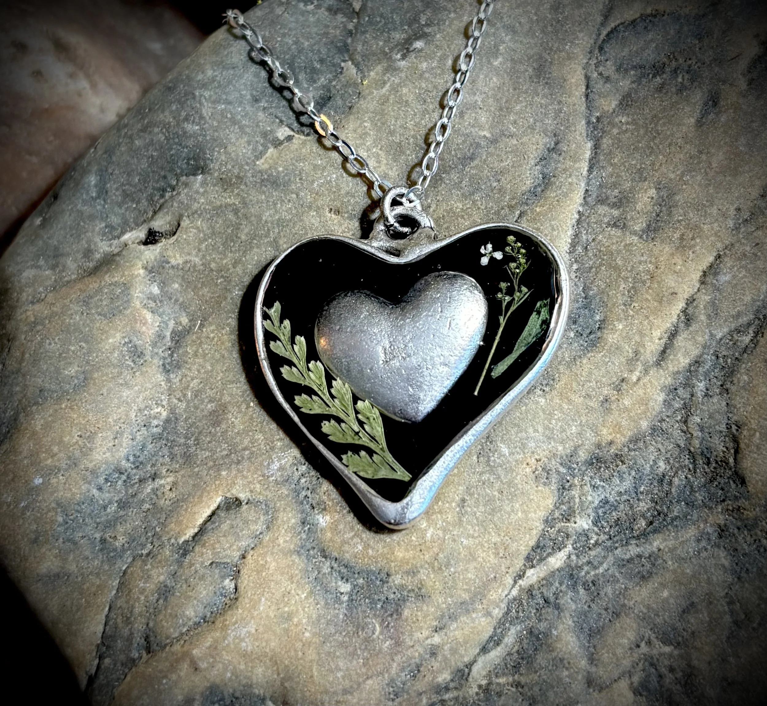 Sterling Silver Heart Necklace with Pressed Flowers- (green)