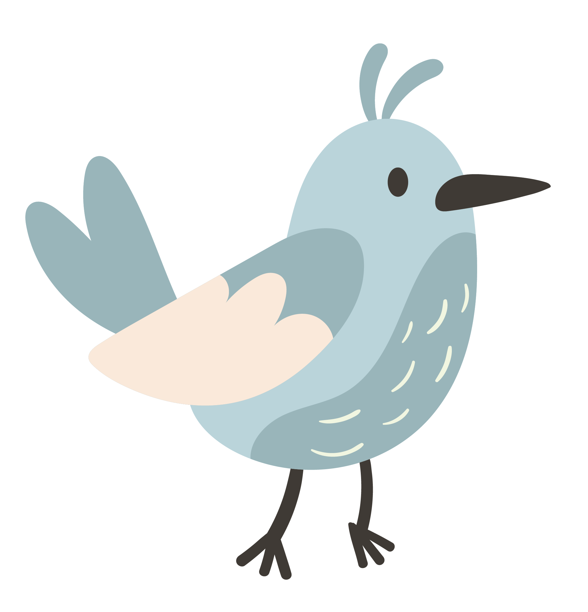 Stylized cartoon bird with blue and beige feathers, black beak, and small black eyes.