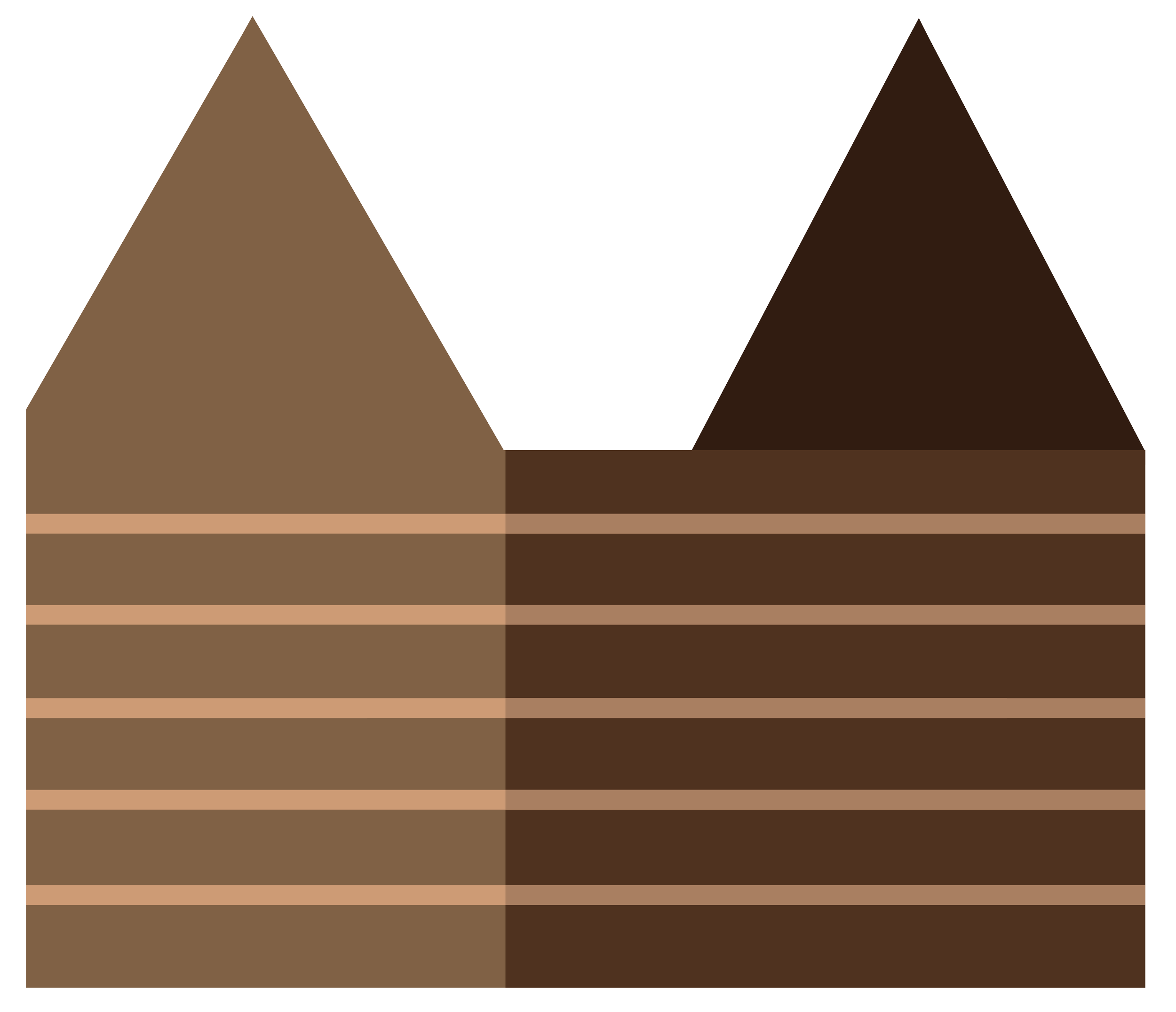 A digital illustration of a house with two brown towers and a horizontal striped brown and tan facade.