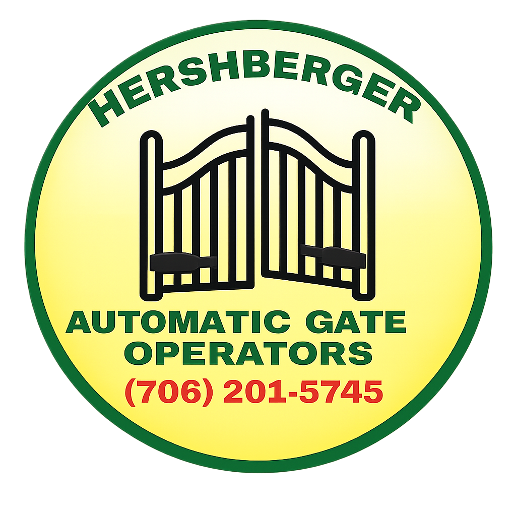 Logo for Hershberger Automatic Gate Operators with a black gate illustration and contact number 706-201-5745.