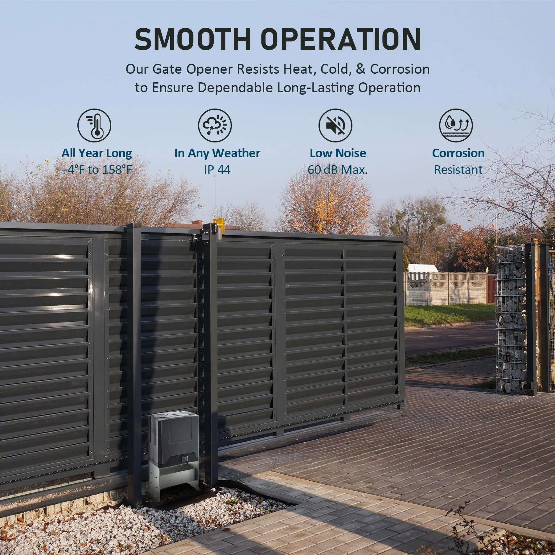 Sign showcasing features of a gate opener, including all-year durability from -4°F to 158°F, weather resistance with an IP44 rating, low noise operation at 60 dB max, and corrosion resistance, installed outdoors on a brick driveway.