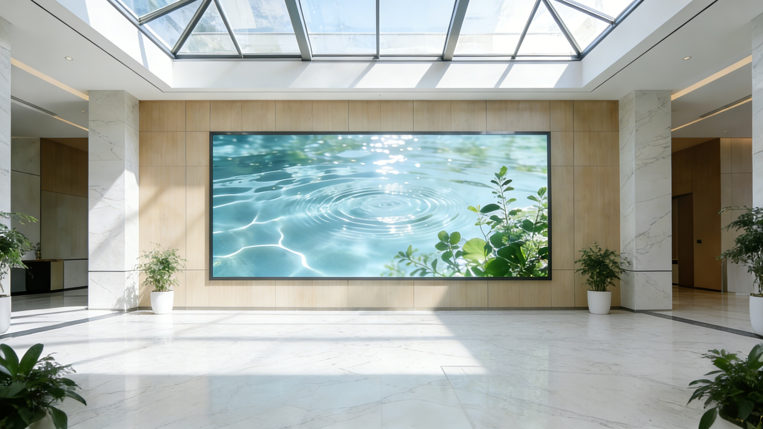 Modern indoor space with a large digital screen displaying a water ripple scene, surrounded by potted green plants, with a glass ceiling allowing natural sunlight.