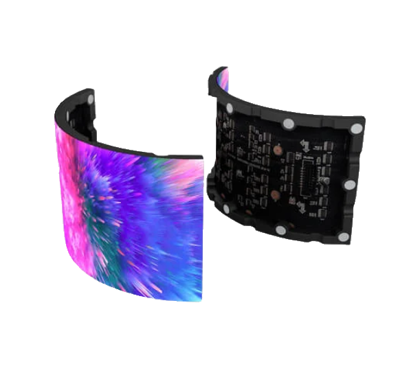 Disassembled curved electronic display with colorful graphics on one side and circuit board on the other.