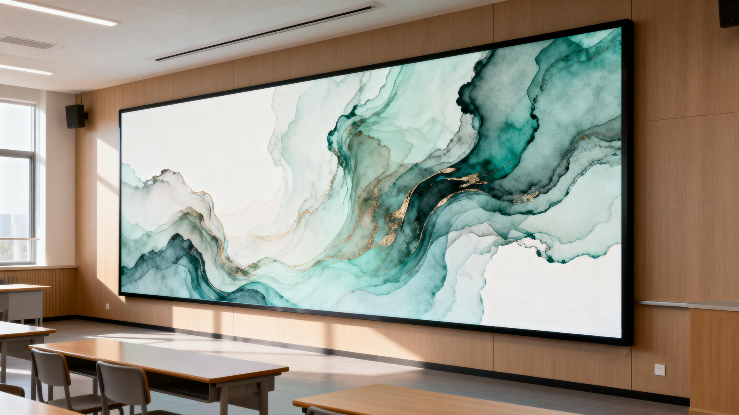 Large digital screen displaying abstract teal, black, and gold watercolor art in a modern classroom setting.