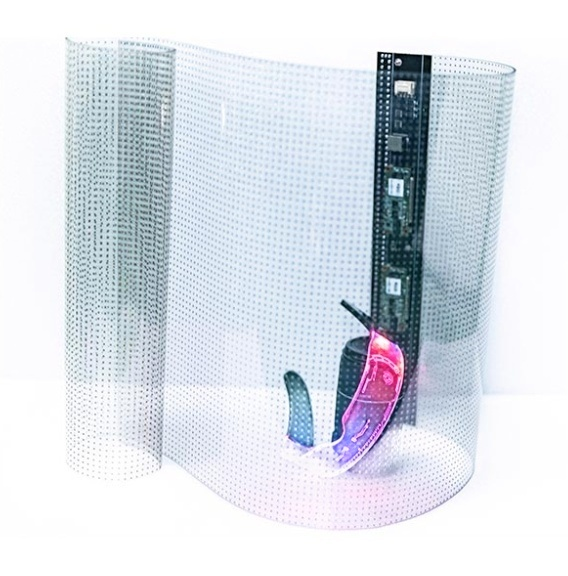 A computer hardware component with a curved, metallic surface, a circuit board, and colorful glowing lights.