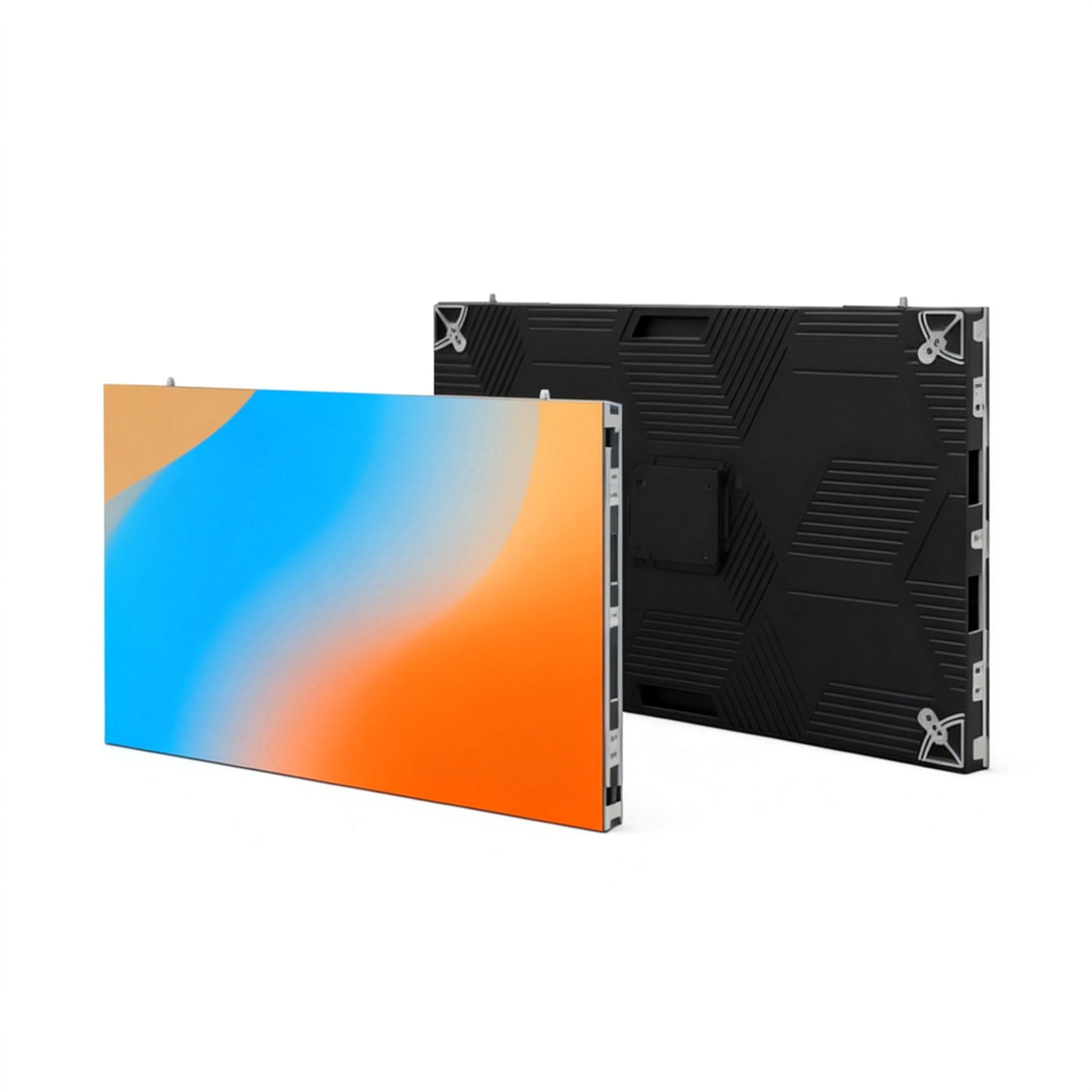 Two LED display screens, the front one showing a colorful abstract gradient, and the back one showing the mounting structure.