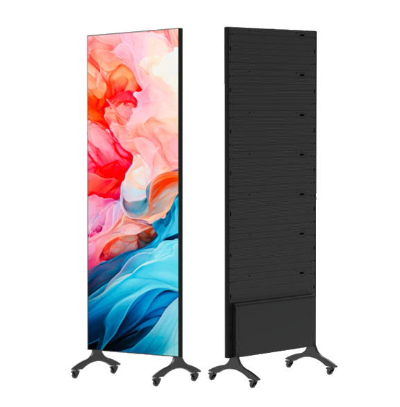 A digital signage kiosk with a colorful abstract display on the front and a black rear side with vents, standing on caster wheels.