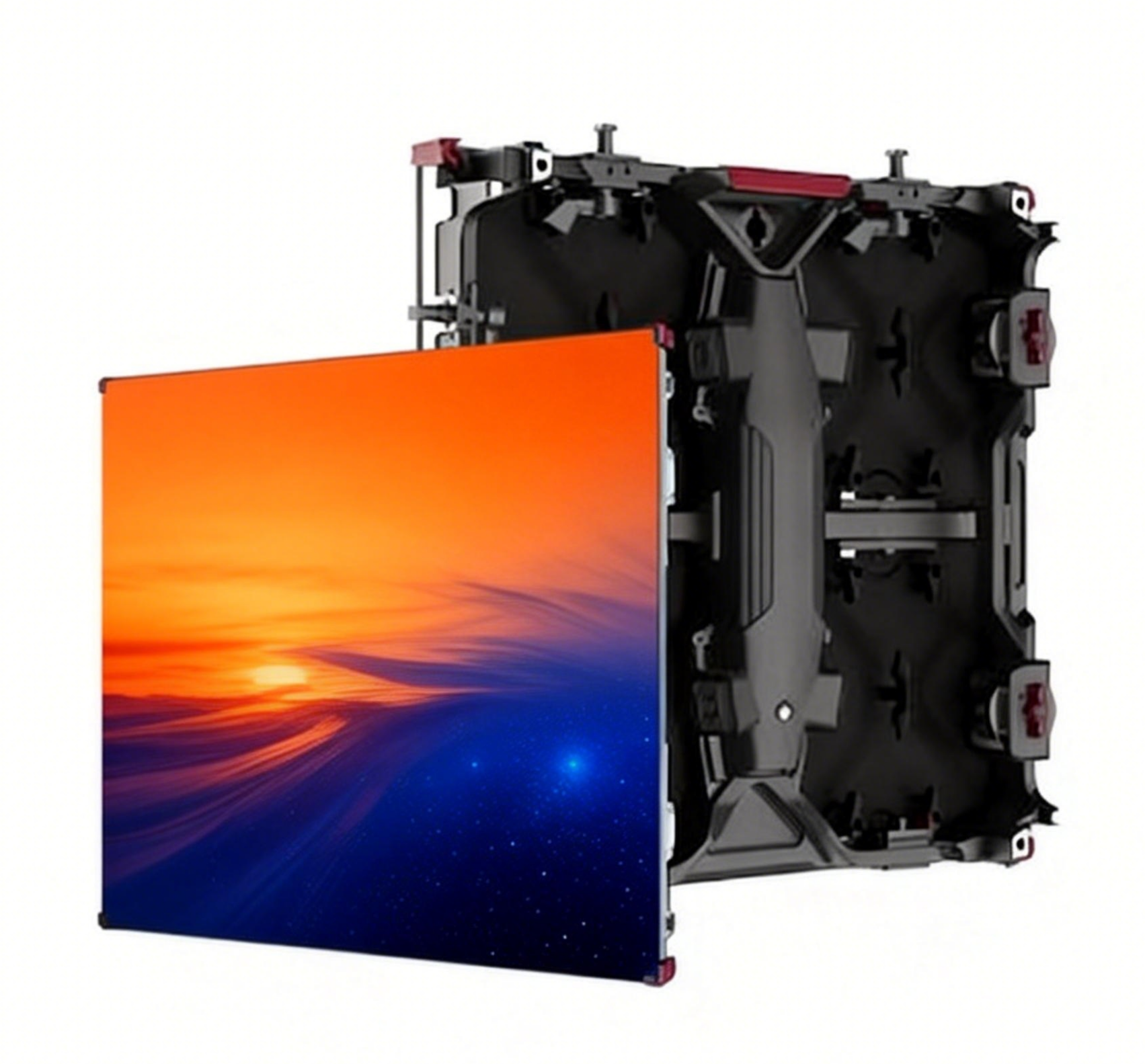 A disassembled LED display panel showing a colorful sunset and starry sky, with the back side of the panel visible.