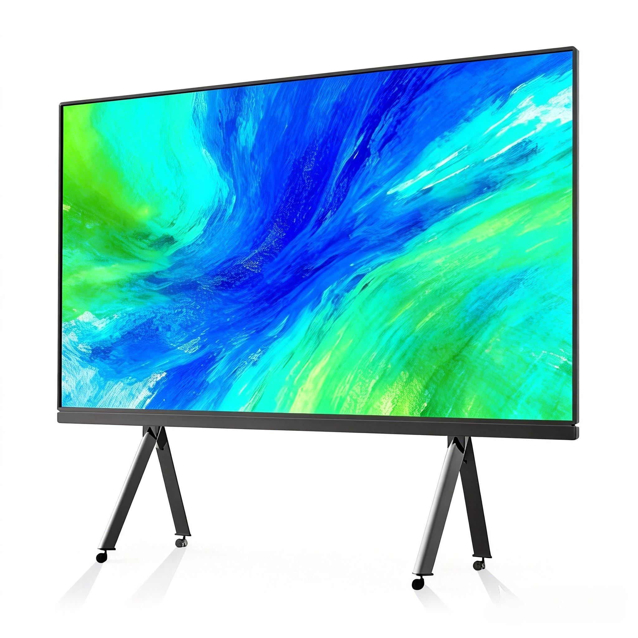 Large flat-screen television displaying colorful abstract blue and green patterns, mounted on black metal legs.