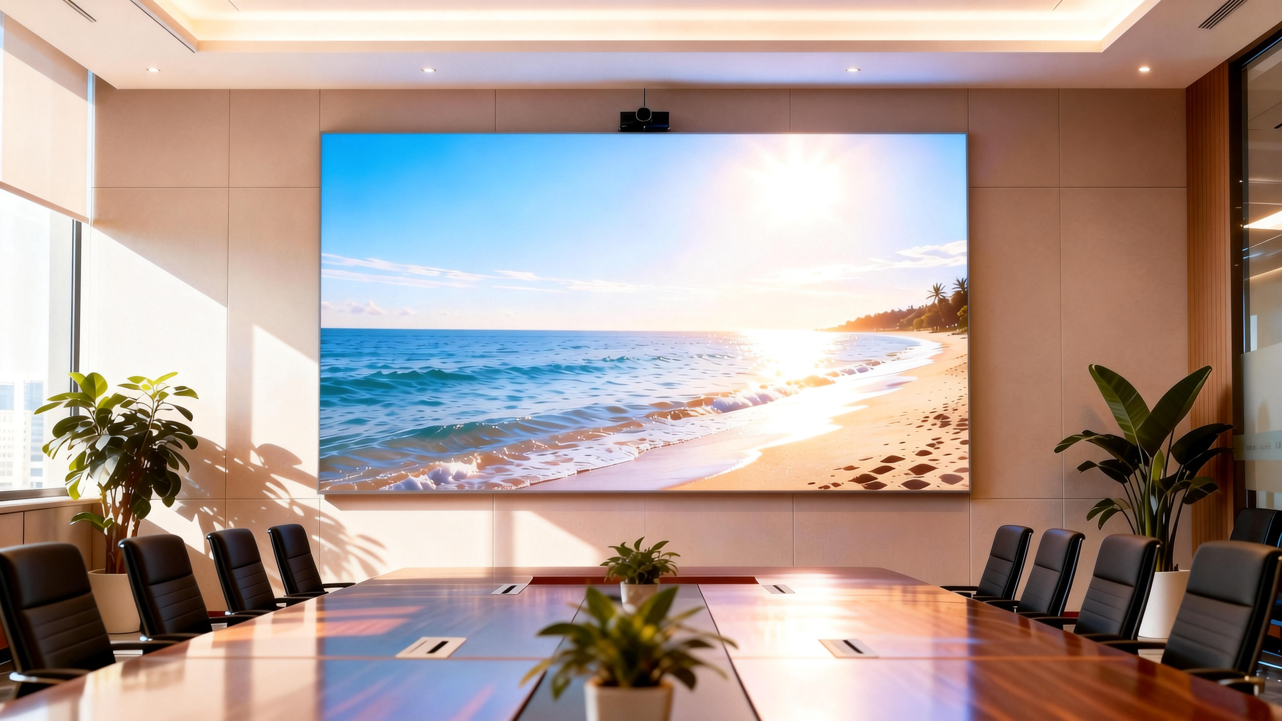 Modern conference room with a large digital screen displaying a beach scene with ocean waves, sandy shore, and sunny sky. The room has a polished wooden table, black chairs, and potted plants.