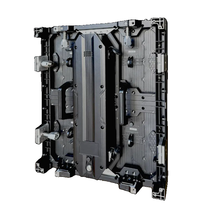 Backside of a flat LED or LCD display panel showing various mounting brackets and structural components against a black background.