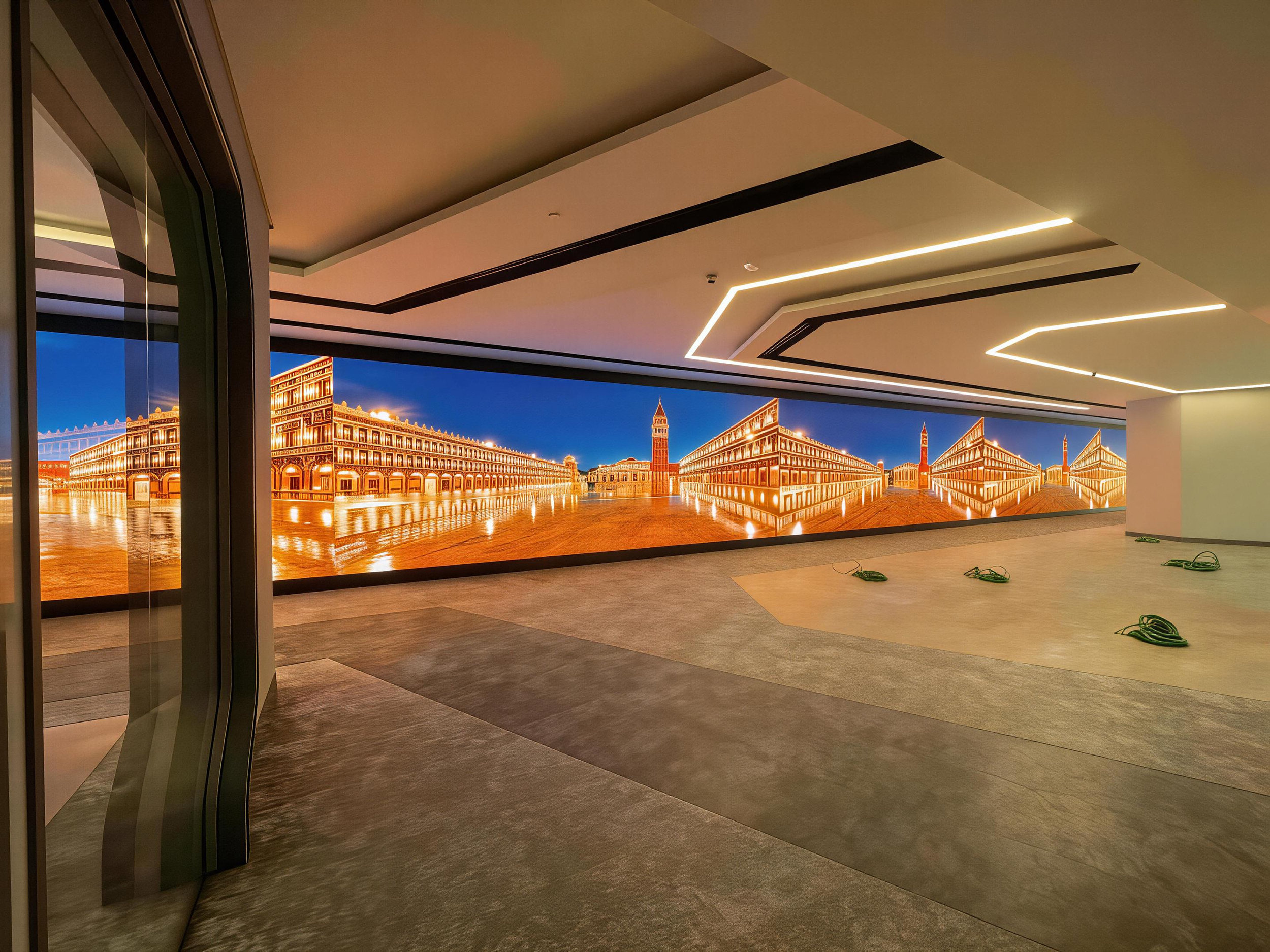 Empty interior of a modern building under construction or renovation, with a large illuminated mural of Venice with water reflections, and parts of the ceiling with built-in lighting.