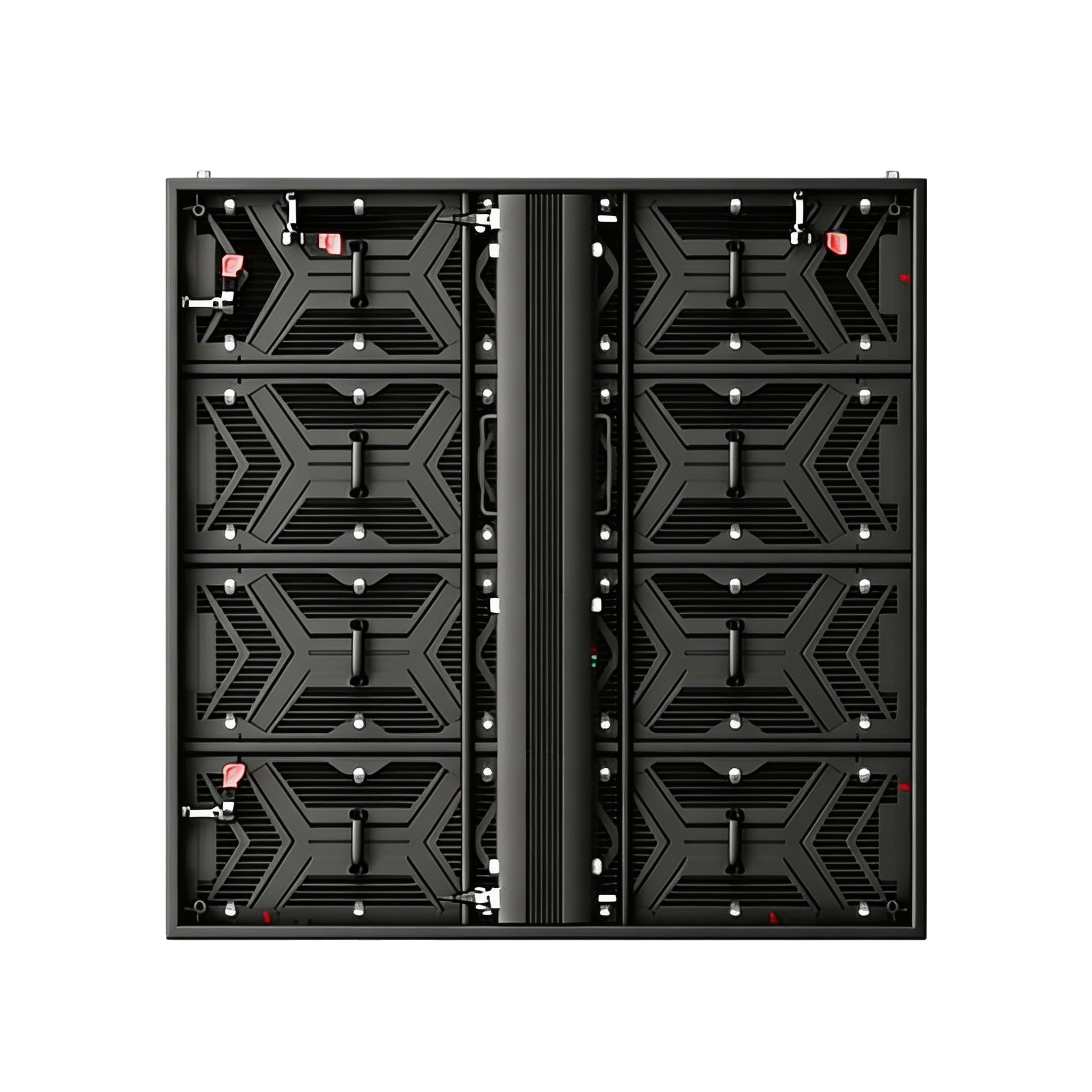 View of the backside of a large LED display screen with multiple modular sections and support structure.