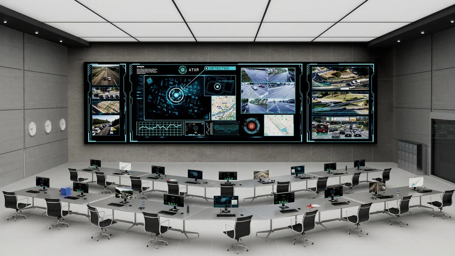 A modern traffic control room with a large digital monitor displaying traffic camera feeds and analytics, and multiple workstation desks with computers.