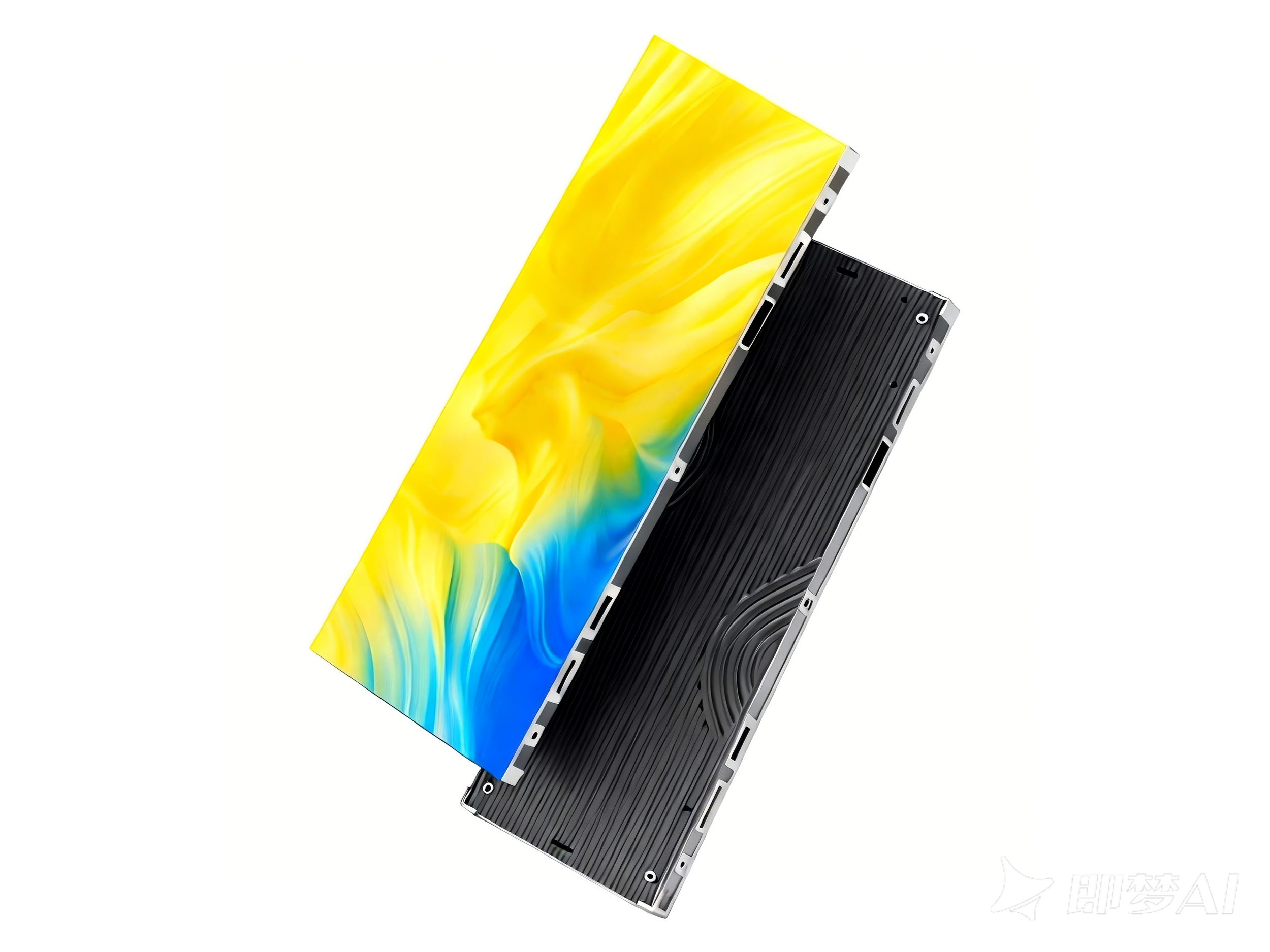 A modern smartphone with a yellow and blue abstract display against a white background.