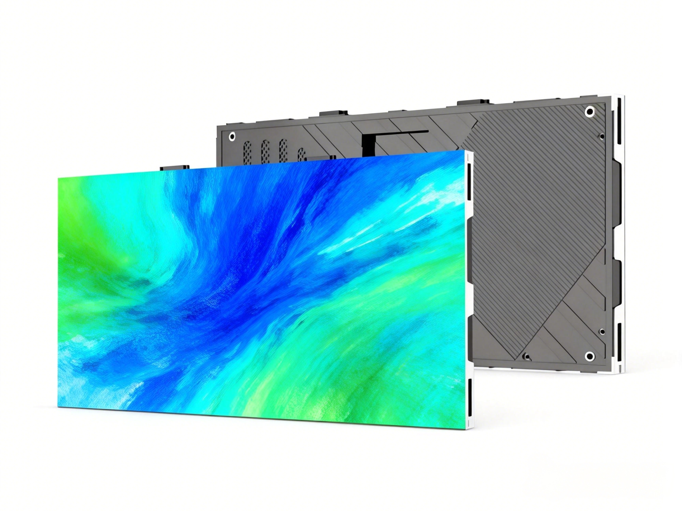 Bright colorful LED display panel with blue, green, and white abstract patterns in front of a black electronic back panel.